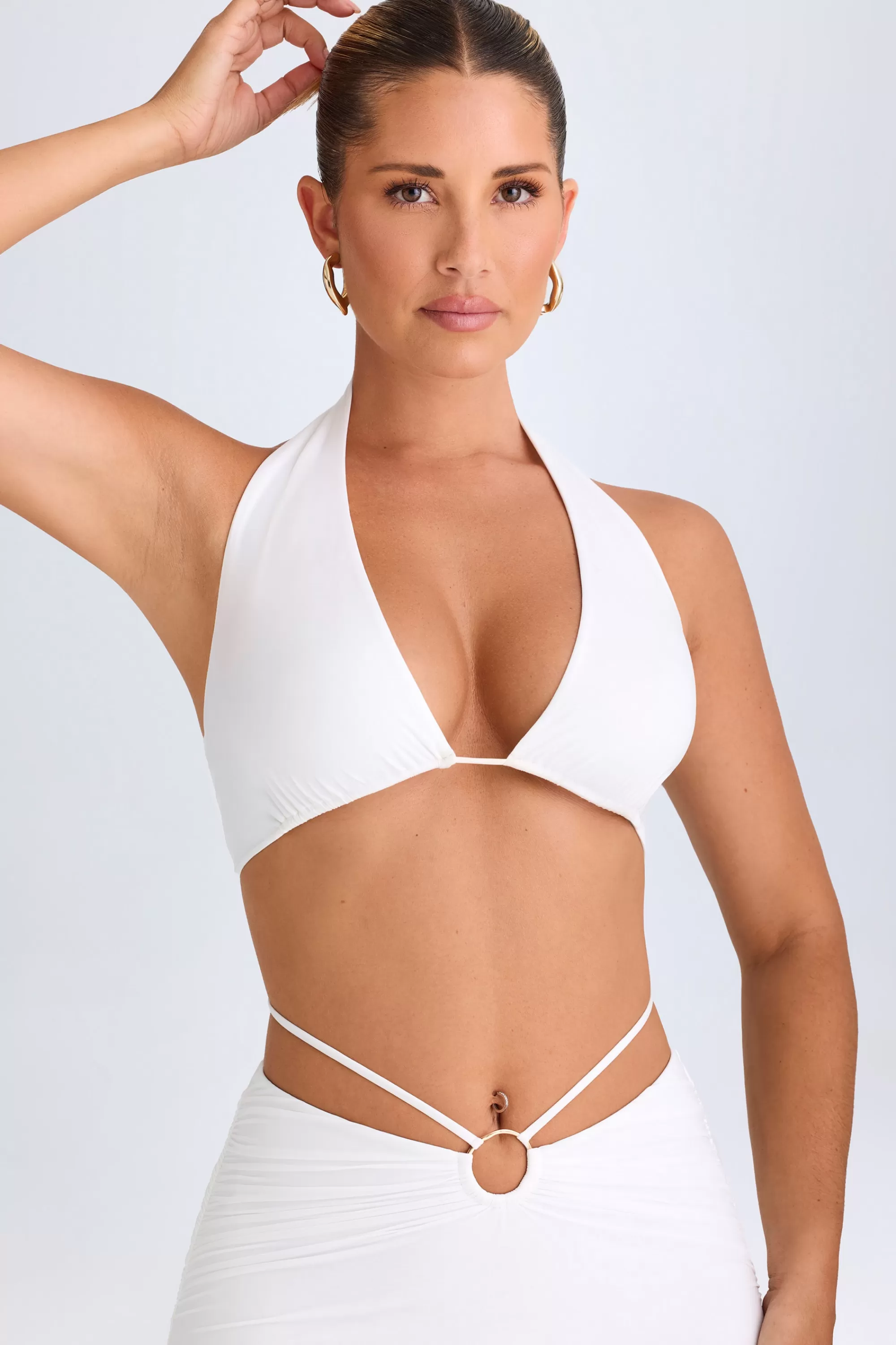 Oh Polly Plunge Hardware-Detail Halterneck Crop Top in White Cheap