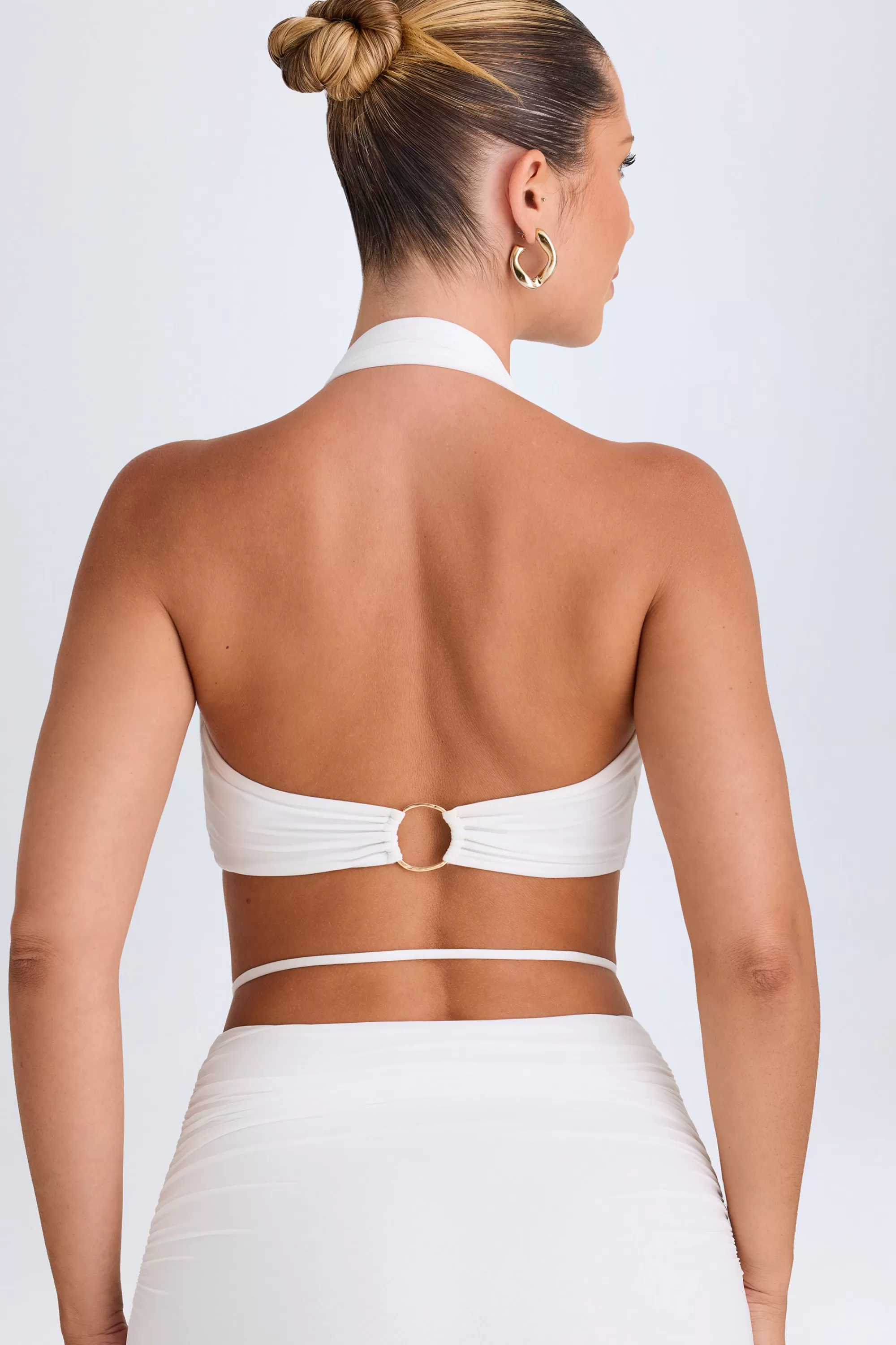 Oh Polly Plunge Hardware-Detail Halterneck Crop Top in White Cheap