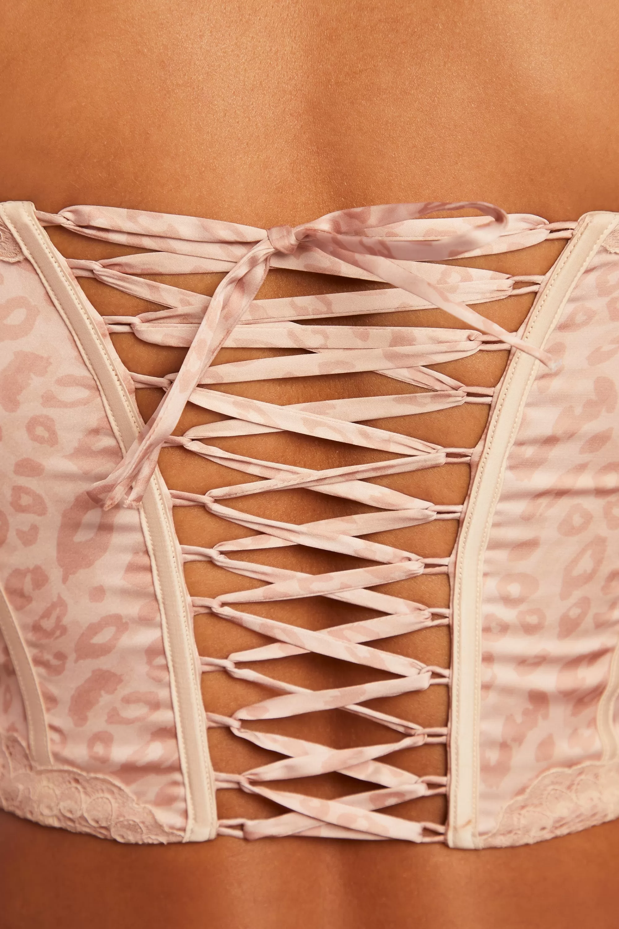 Oh Polly Plunge Neck Lace Trim Corset Crop Top in Cream Best Sale