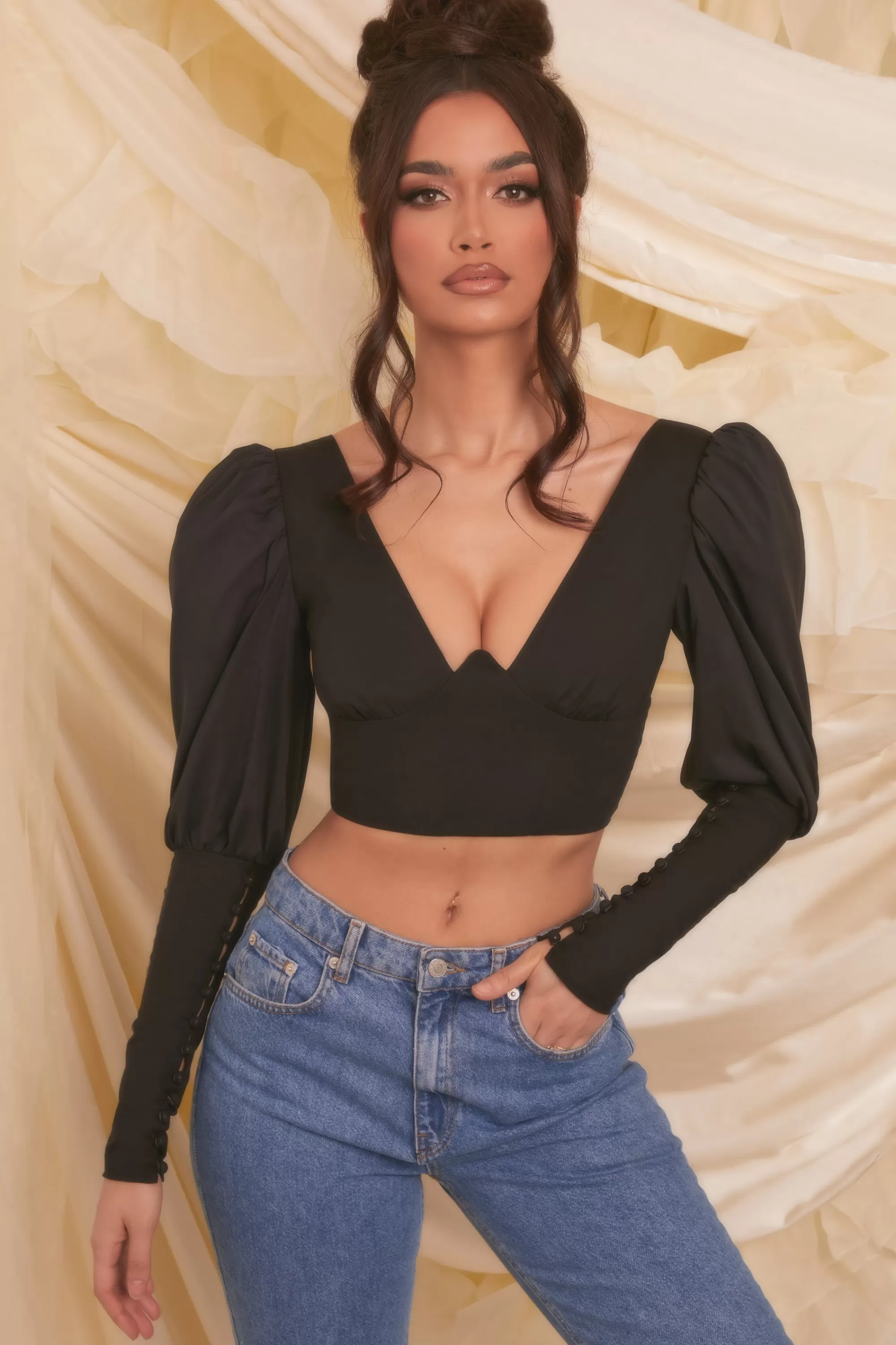 Oh Polly Plunge Neck Puff Sleeve Crop Top in Black Discount