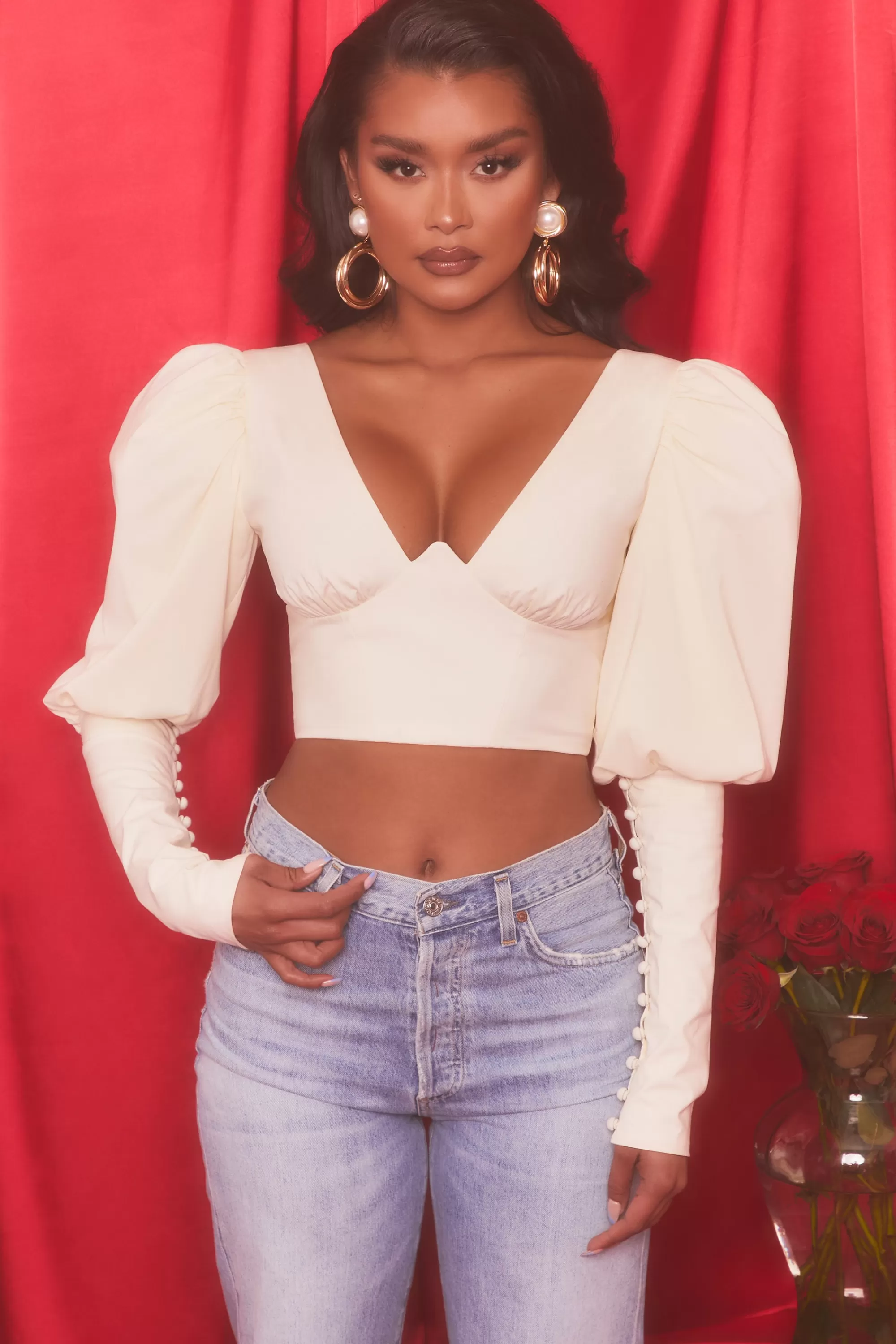 Oh Polly Plunge Neck Puff Sleeve Crop Top in Oyster White Cheap