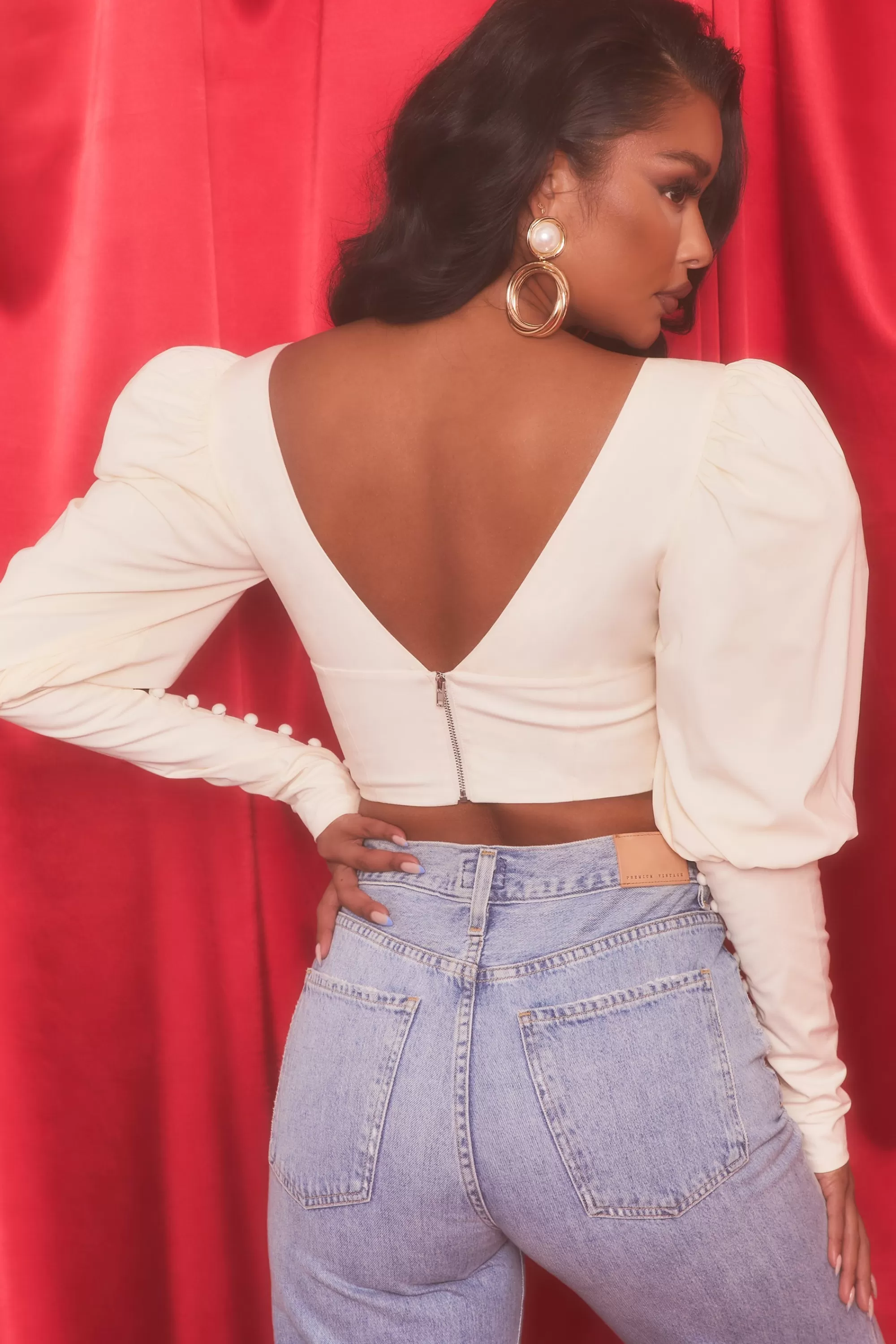 Oh Polly Plunge Neck Puff Sleeve Crop Top in Oyster White Cheap