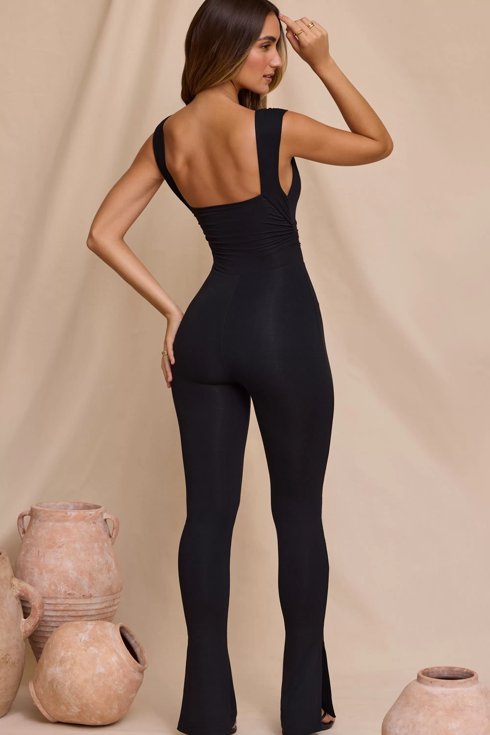 Oh Polly Plunge Neck Ruched Waist Jumpsuit in Black Outlet