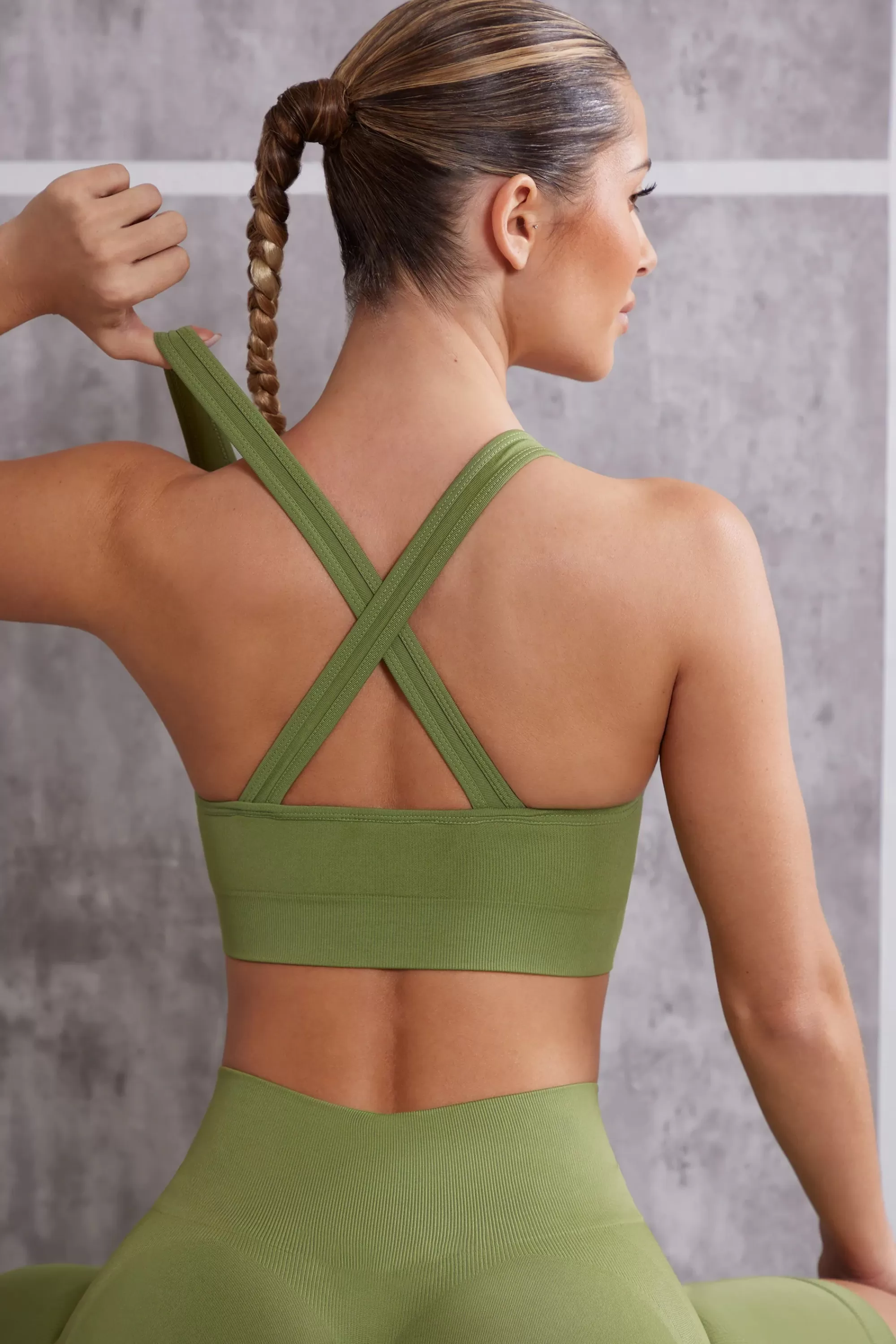 Oh Polly Plunge Neck Sports Bra in Olive Shop