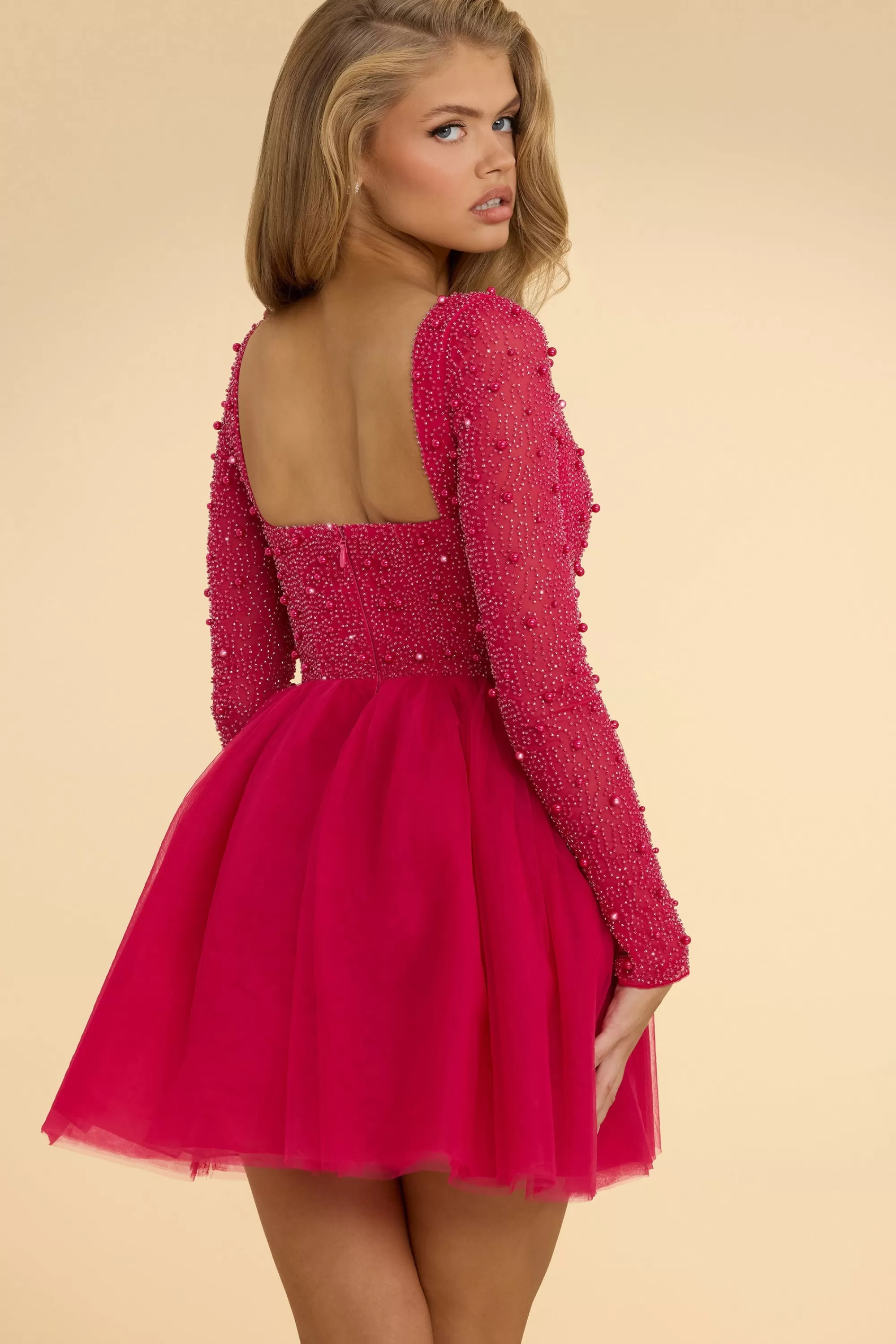 Oh Polly Plunge Neck Tulle Mini Dress in Hot Pink HotPink Store