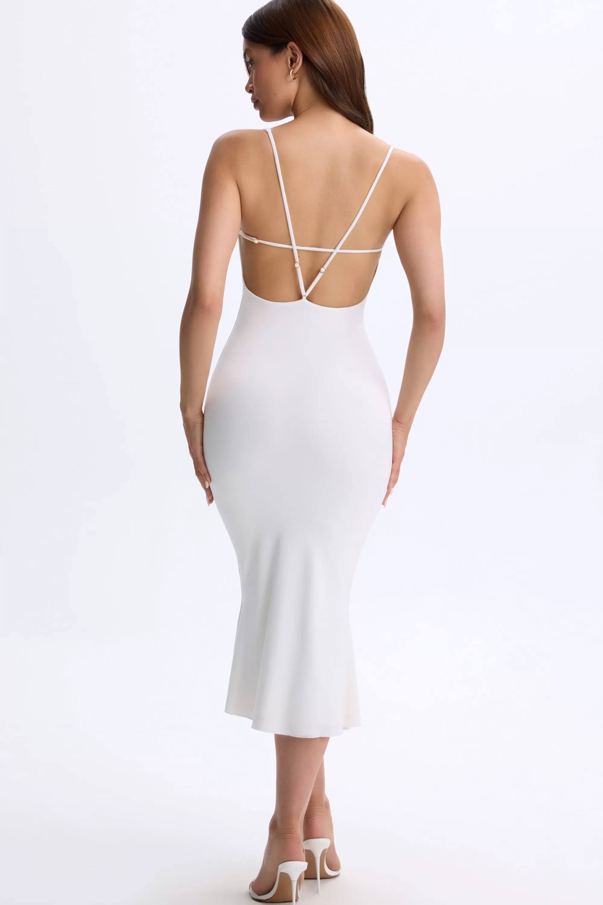 Oh Polly Plunge Open-Back Midaxi Dress in White Outlet