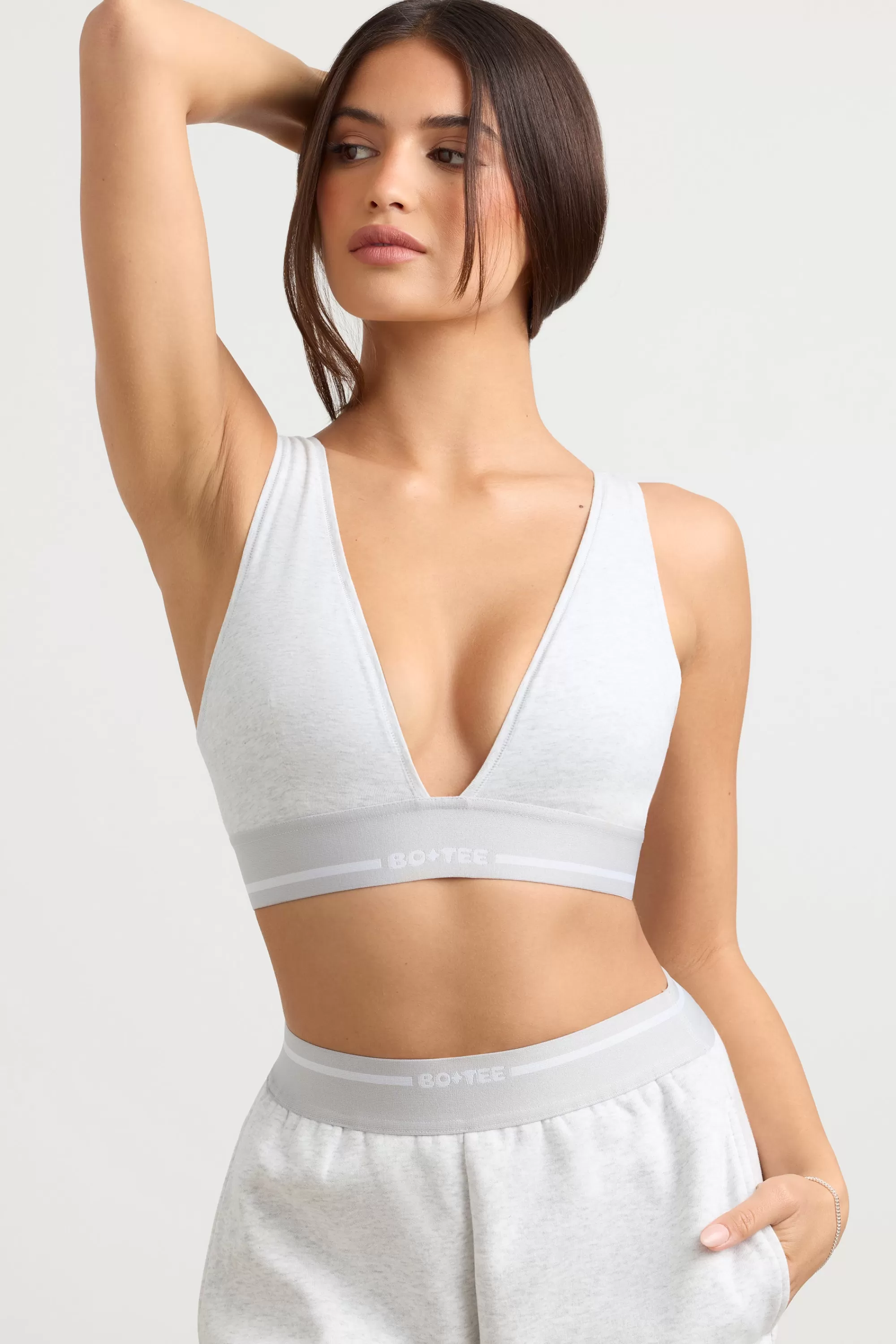 Oh Polly Plunge-Neck Crop Top in Grey Marl GreyMarl Flash Sale