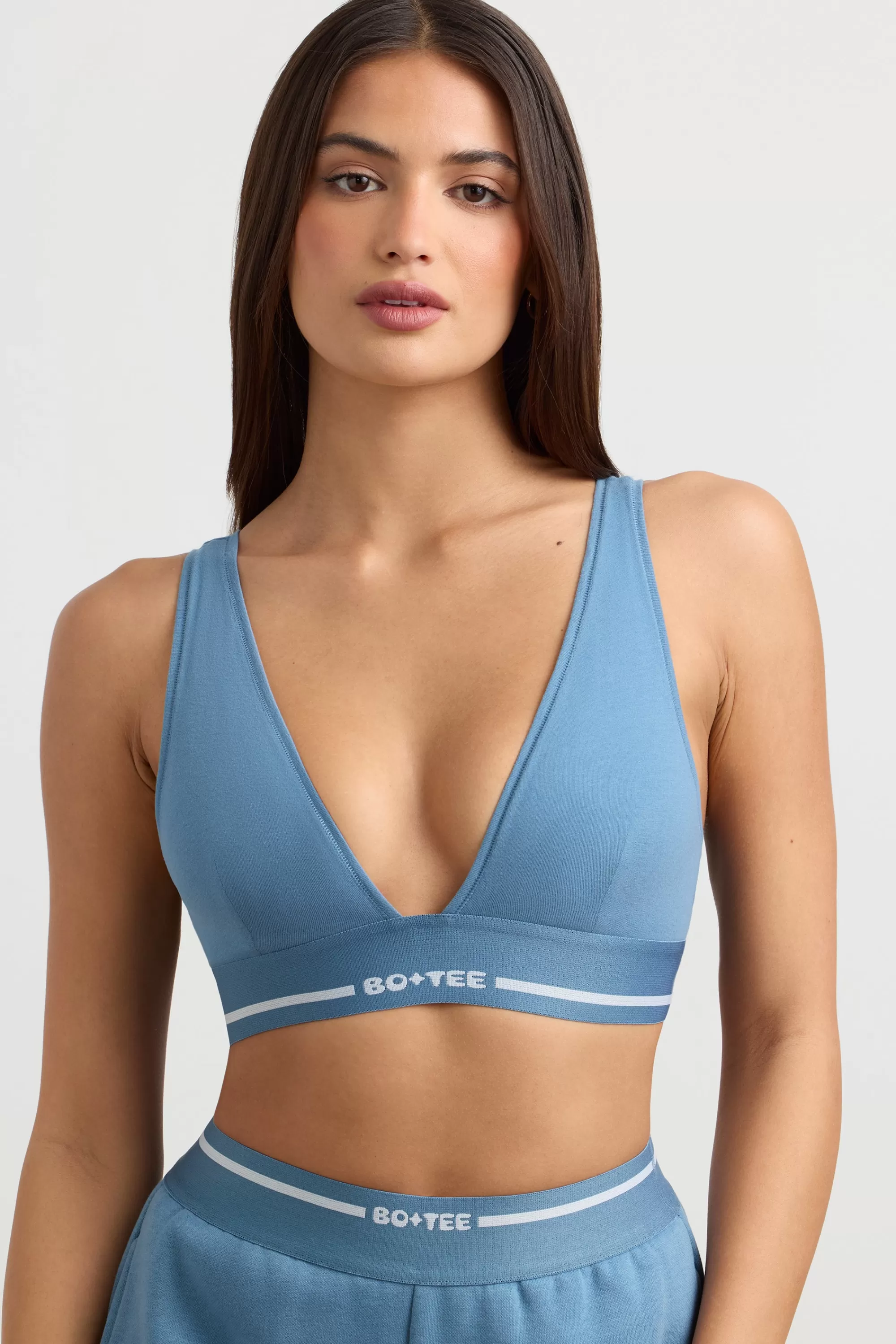 Oh Polly Plunge-Neck Crop Top in Steel Blue SteelBlue Best Sale