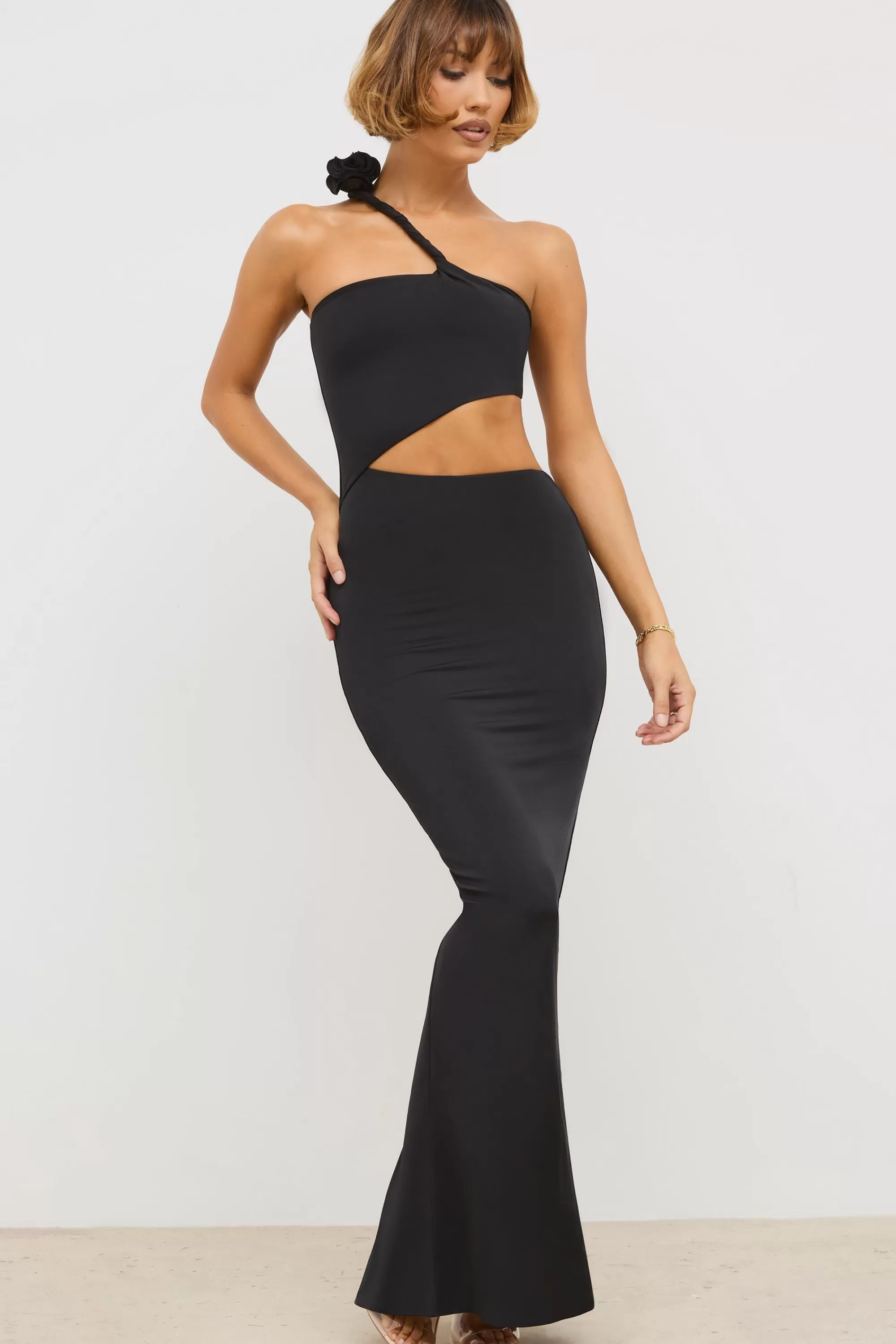 Oh Polly Premium Jersey Asymmetric Cut Out Maxi Dress in Black Sale