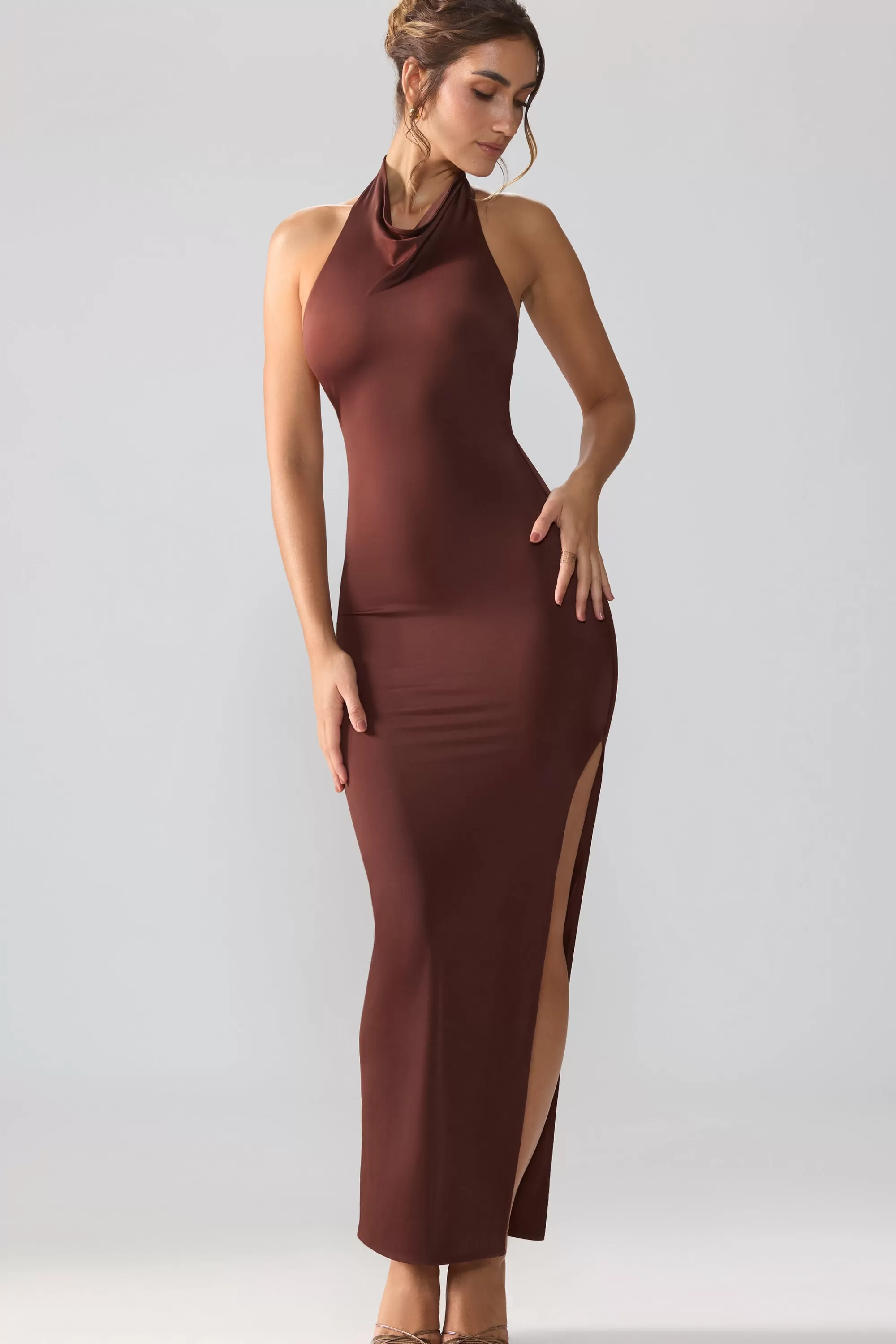 Oh Polly Premium Jersey Cowl Neck Backless Maxi Dress in Espresso Sale