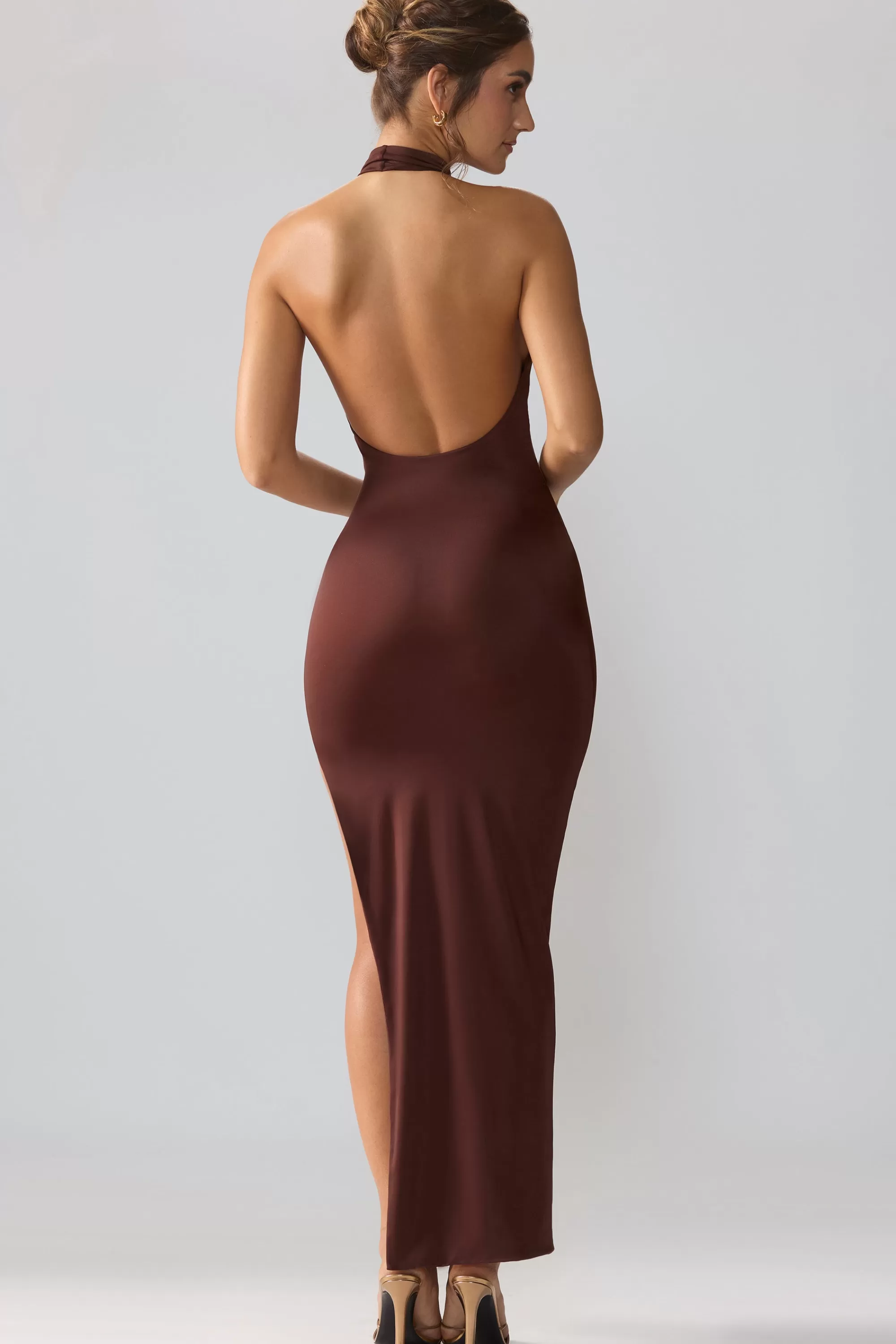 Oh Polly Premium Jersey Cowl Neck Backless Maxi Dress in Espresso Sale