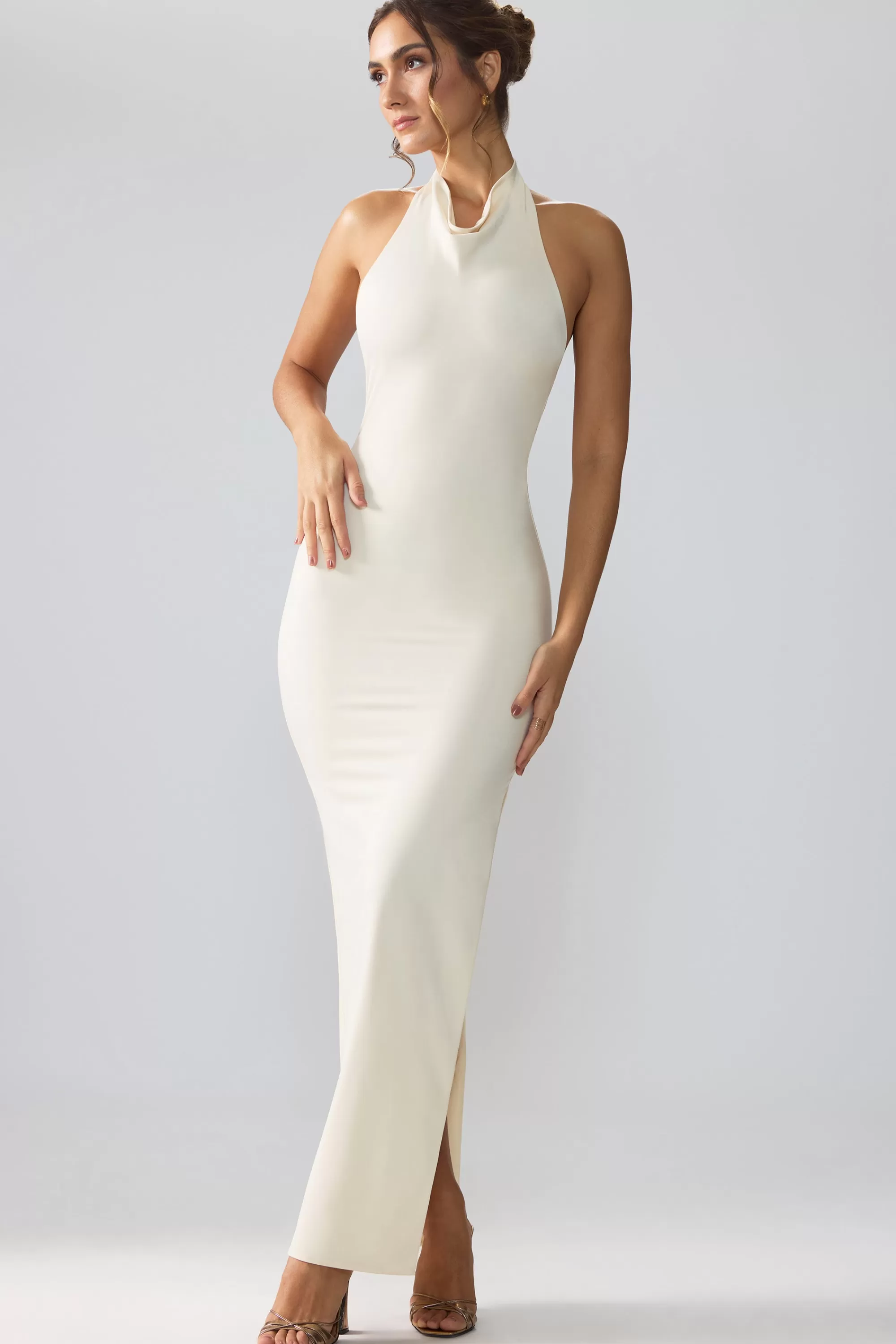 Oh Polly Premium Jersey Cowl Neck Backless Maxi Dress in Ivory Fashion