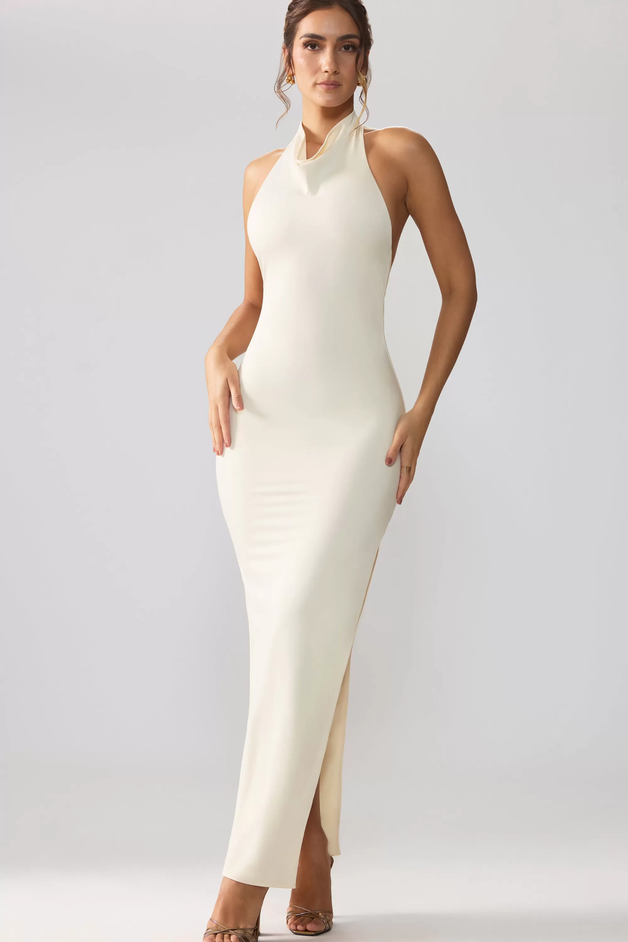Oh Polly Premium Jersey Cowl Neck Backless Maxi Dress in Ivory Fashion