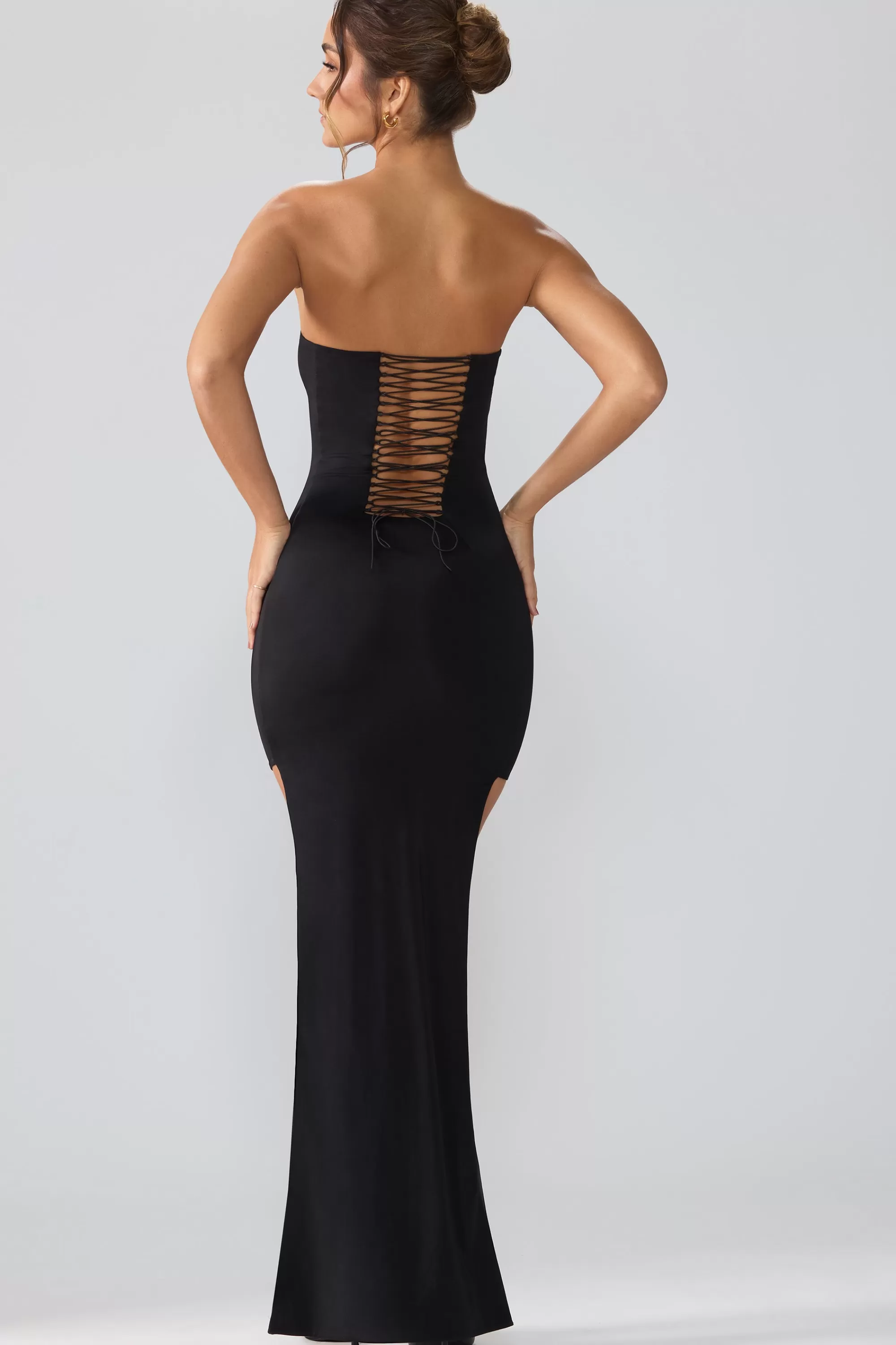Oh Polly Premium Jersey Lace Up Back Mini Dress with Train in Black Outlet
