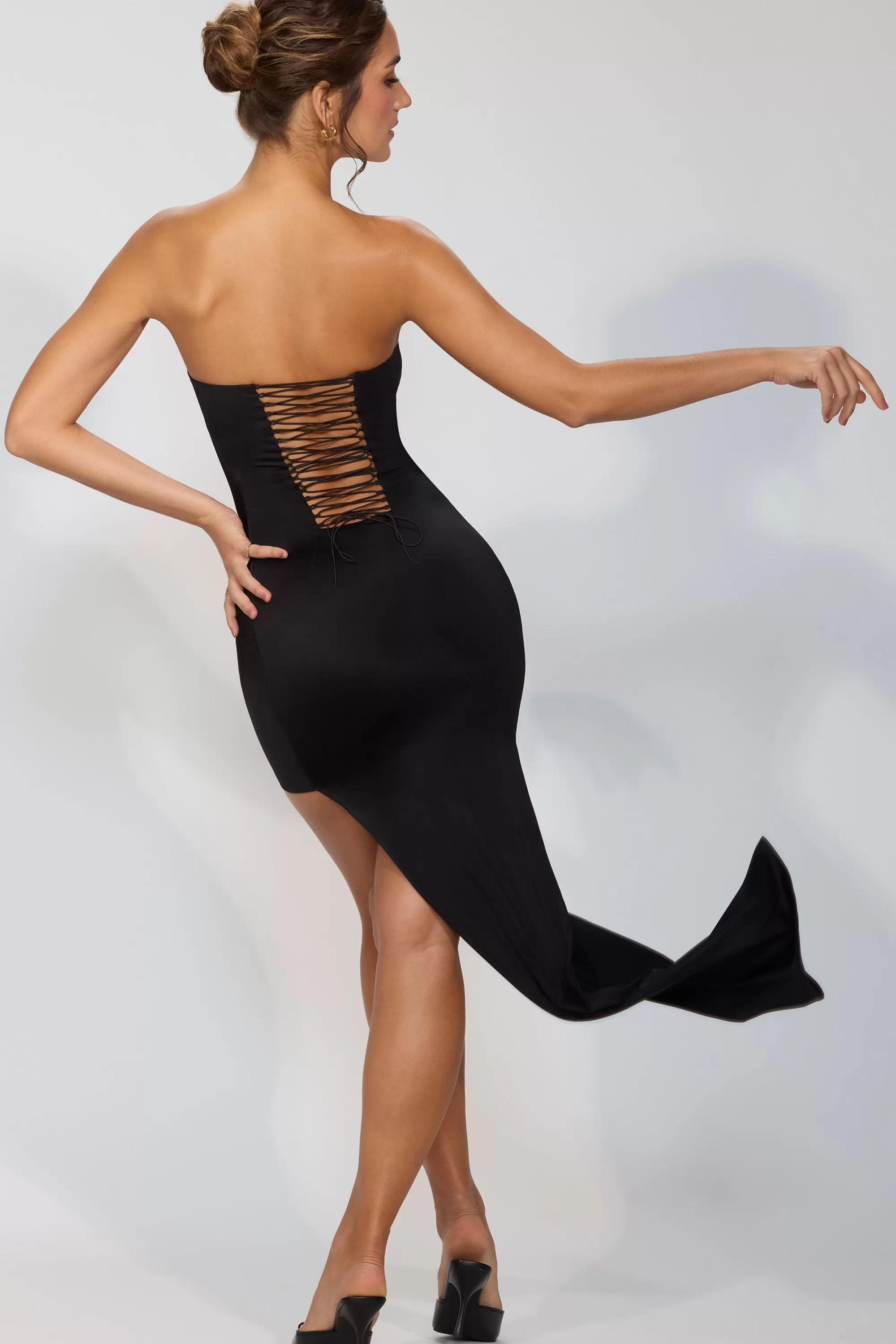 Oh Polly Premium Jersey Lace Up Back Mini Dress with Train in Black Outlet
