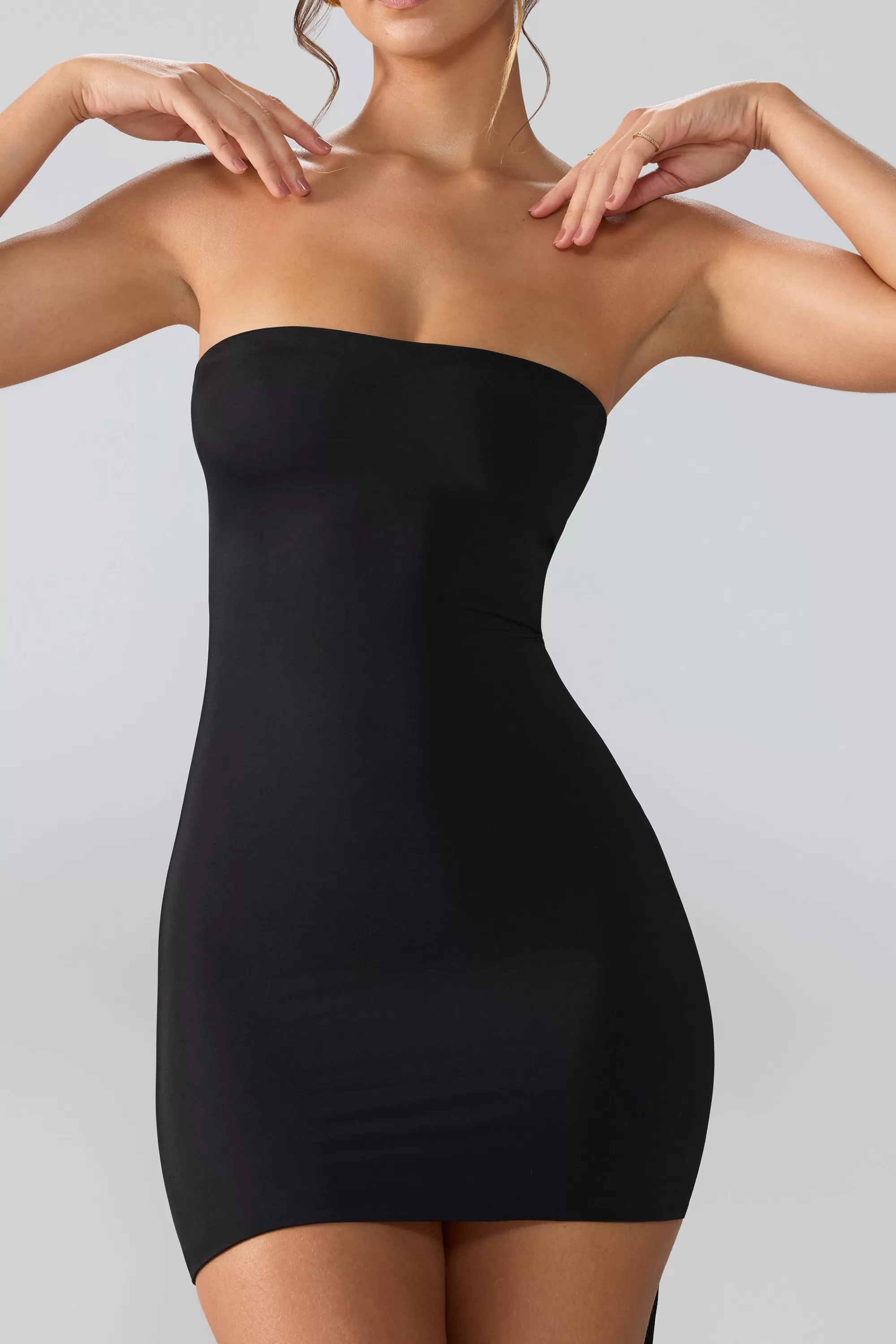 Oh Polly Premium Jersey Lace Up Back Mini Dress with Train in Black Outlet