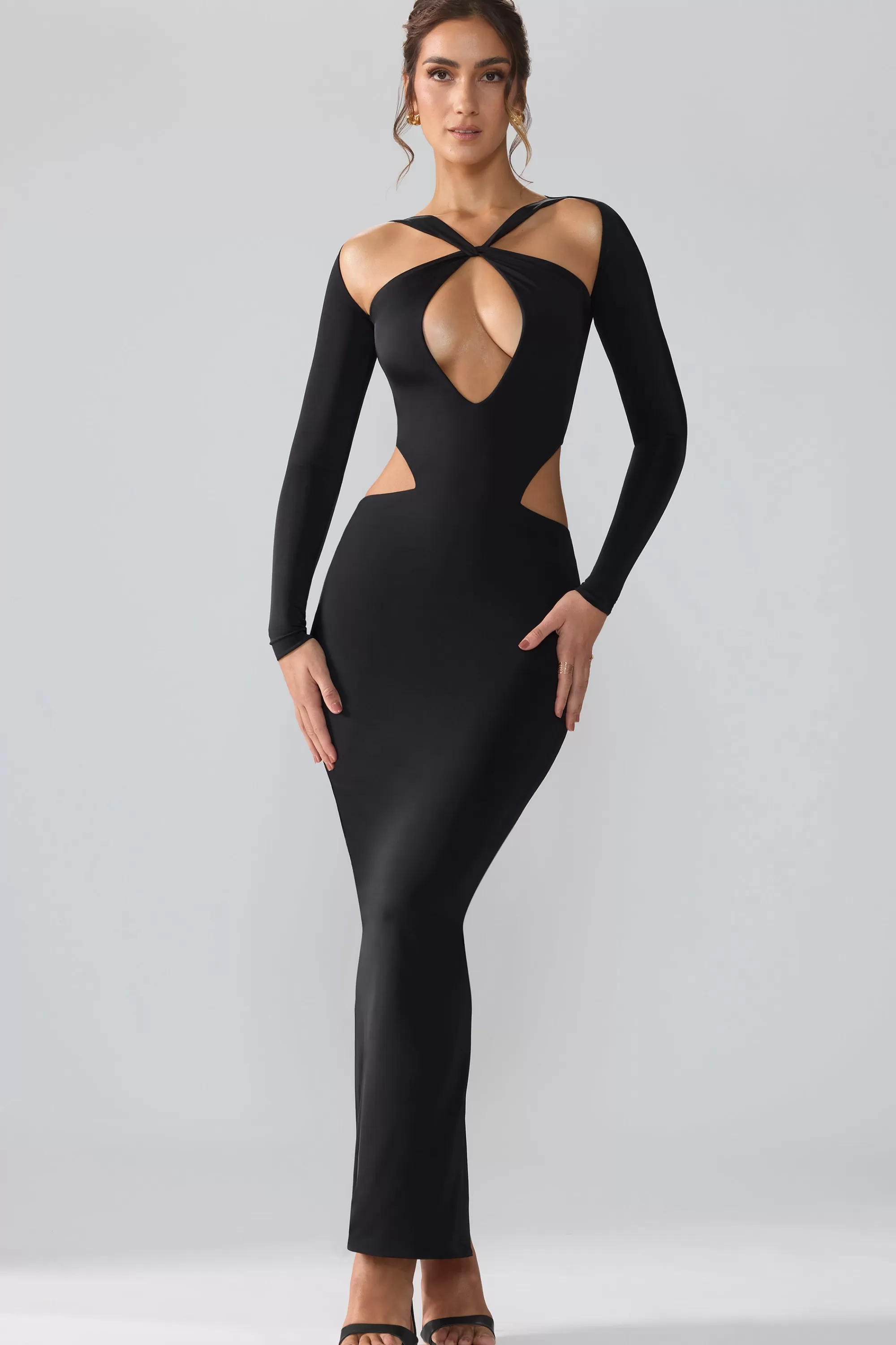 Oh Polly Premium Jersey Long Sleeve Cut Out Maxi Dress in Black Sale