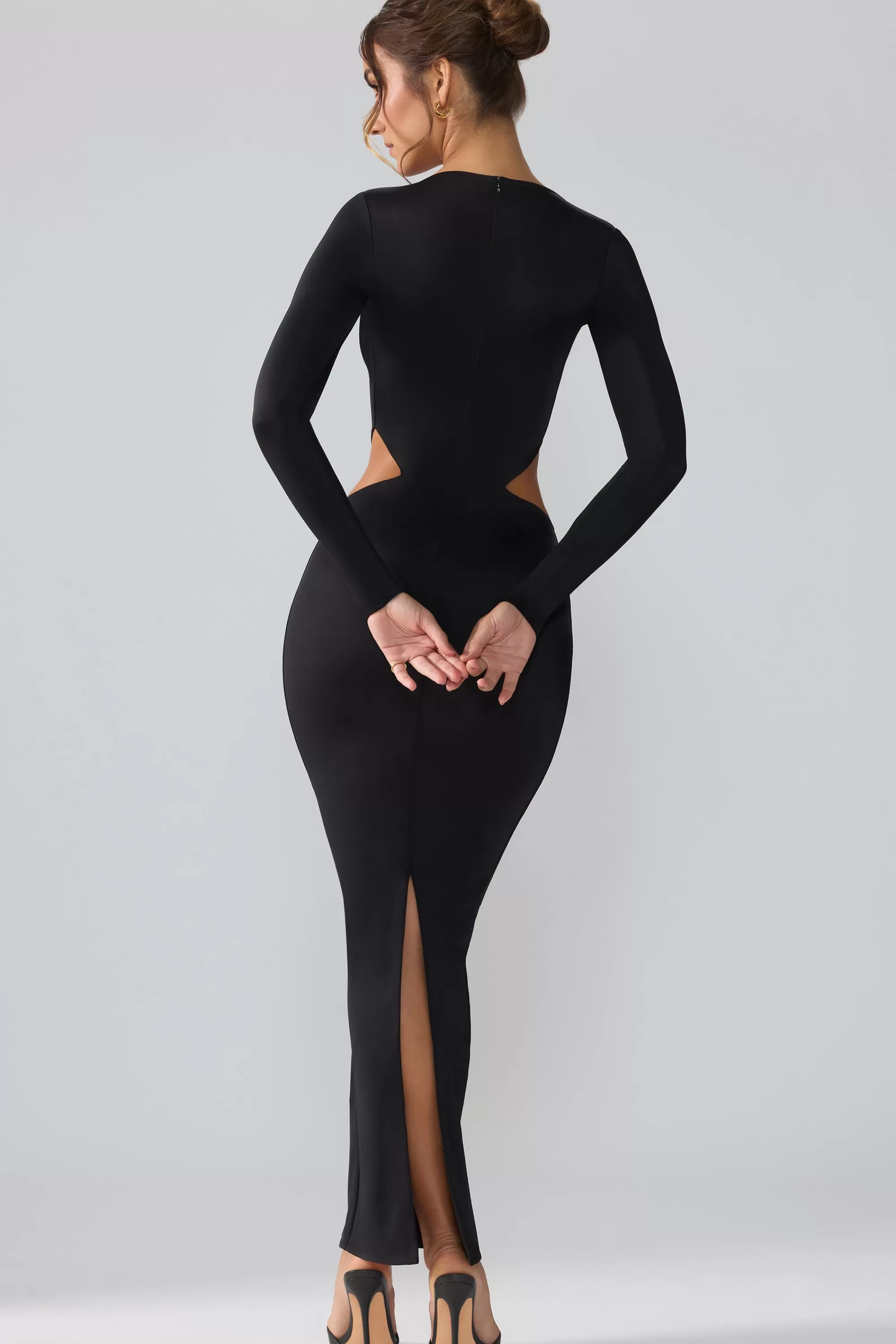 Oh Polly Premium Jersey Long Sleeve Cut Out Maxi Dress in Black Sale