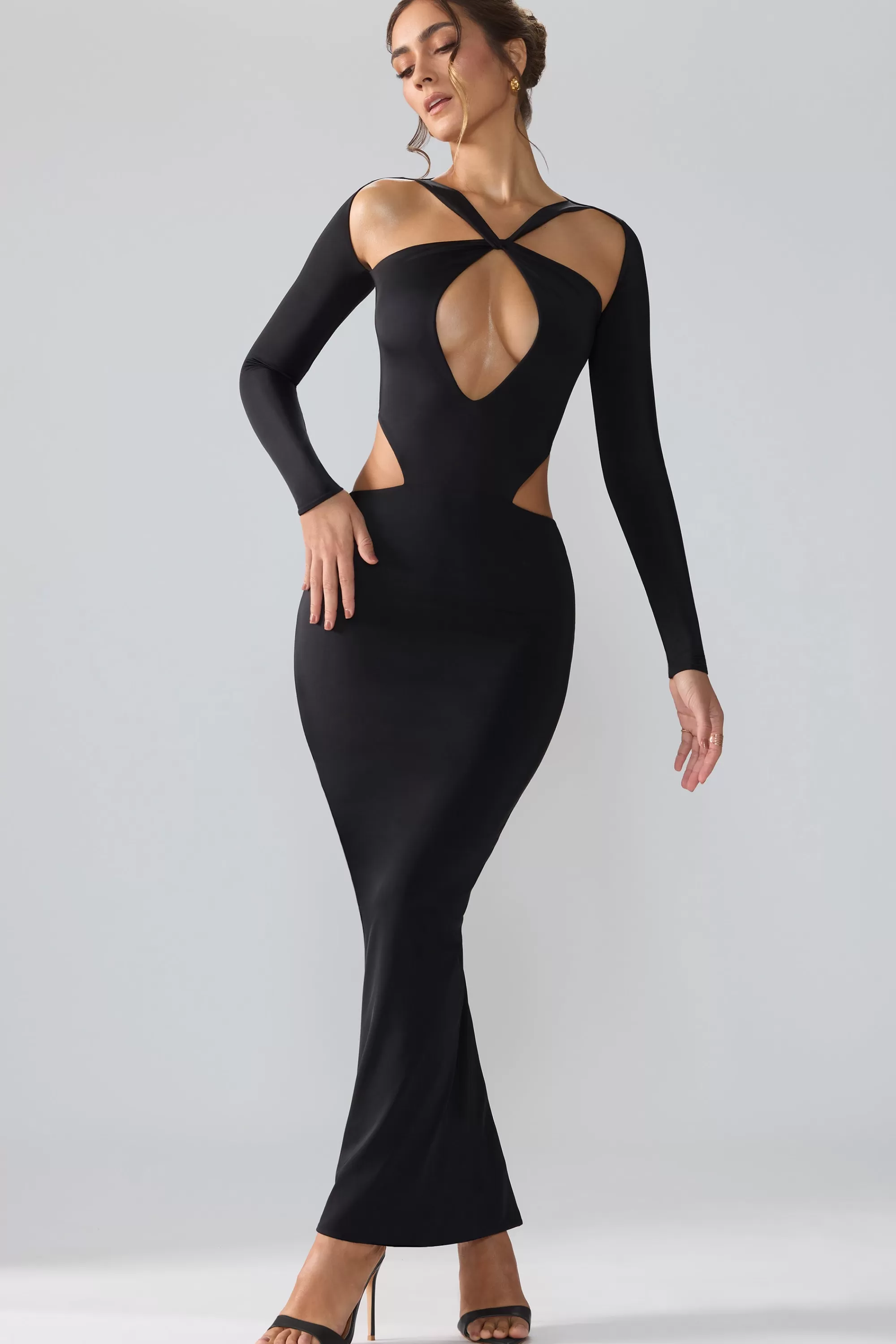 Oh Polly Premium Jersey Long Sleeve Cut Out Maxi Dress in Black Sale