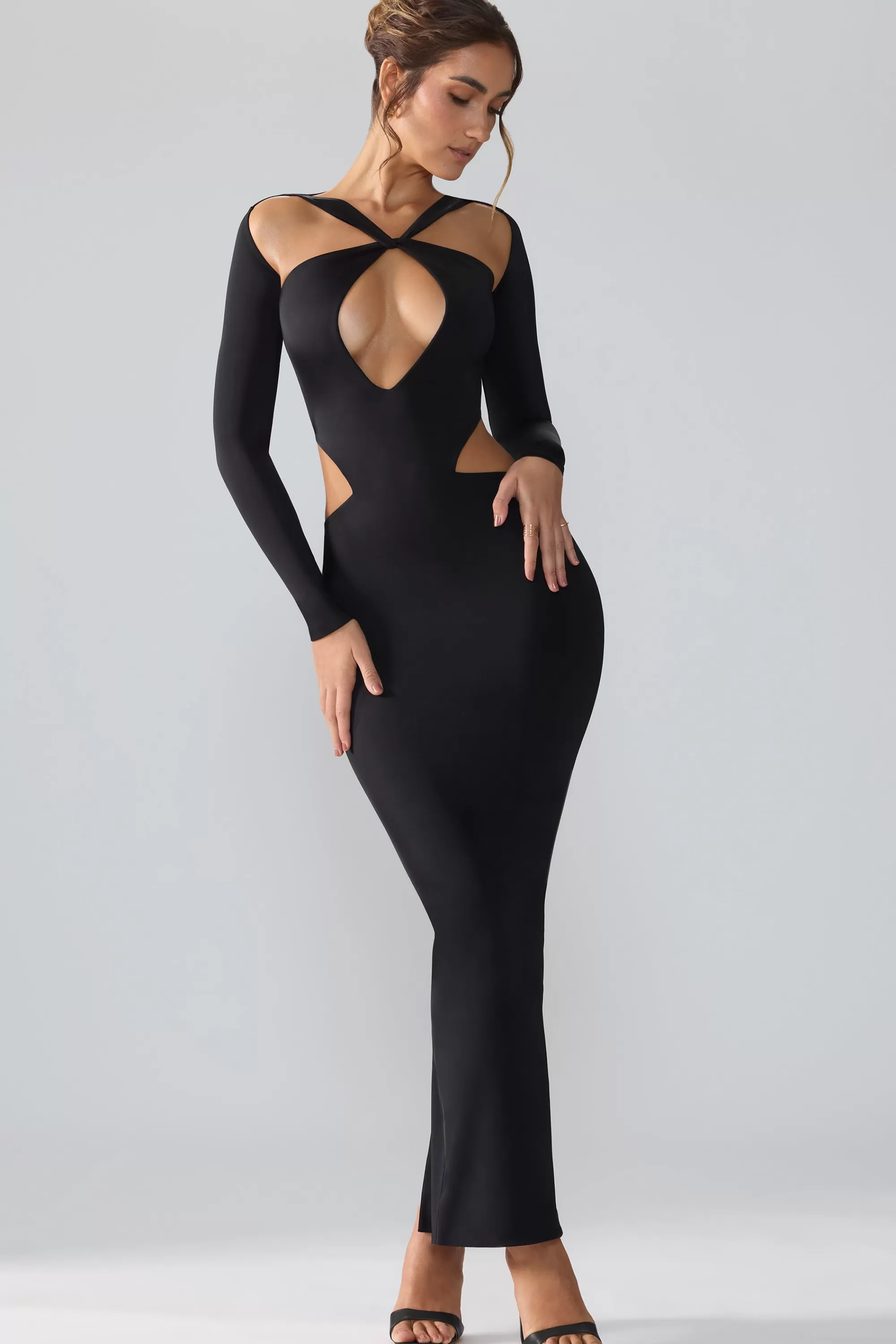 Oh Polly Premium Jersey Long Sleeve Cut Out Maxi Dress in Black Sale