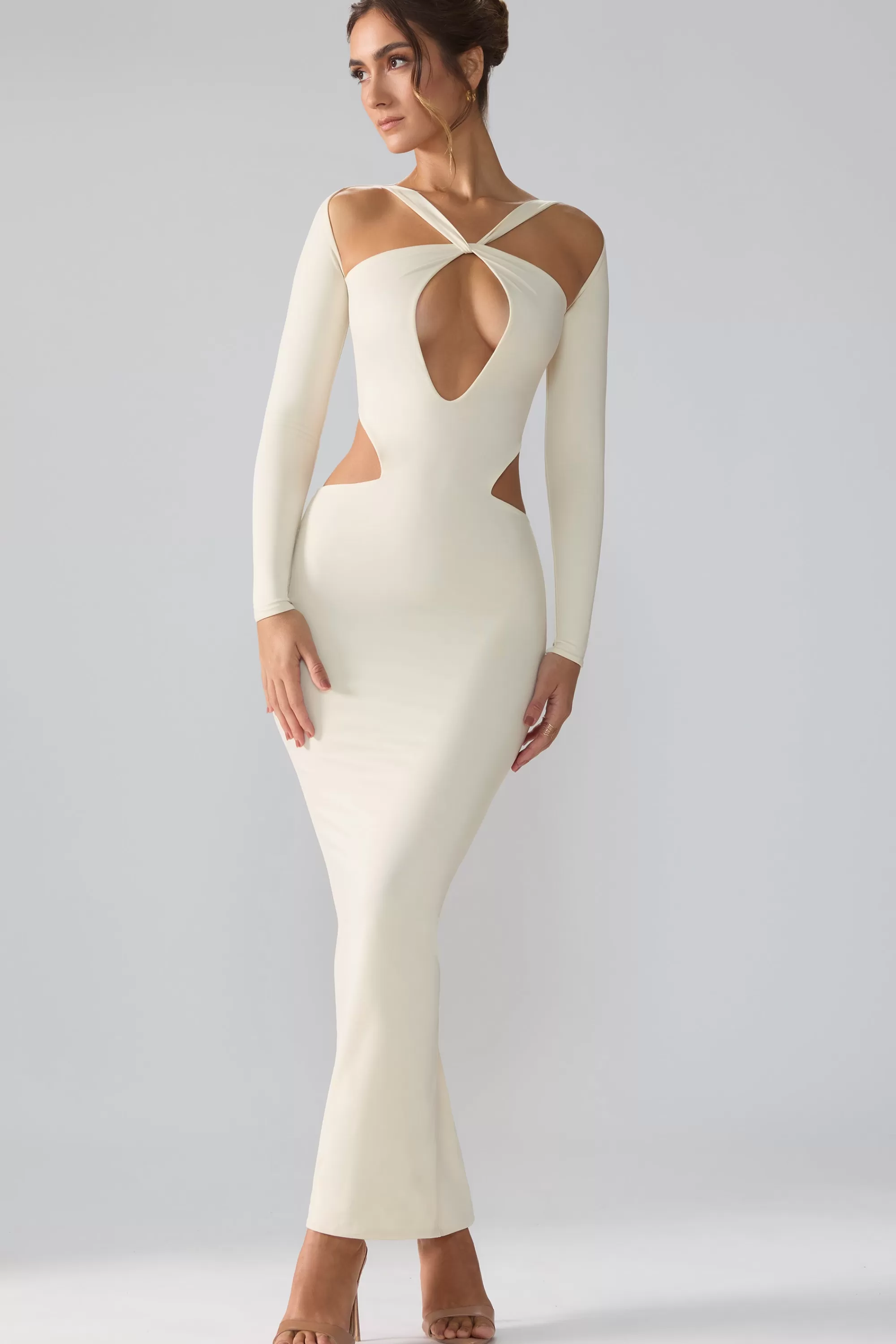 Oh Polly Premium Jersey Long Sleeve Cut Out Maxi Dress in Ivory Best