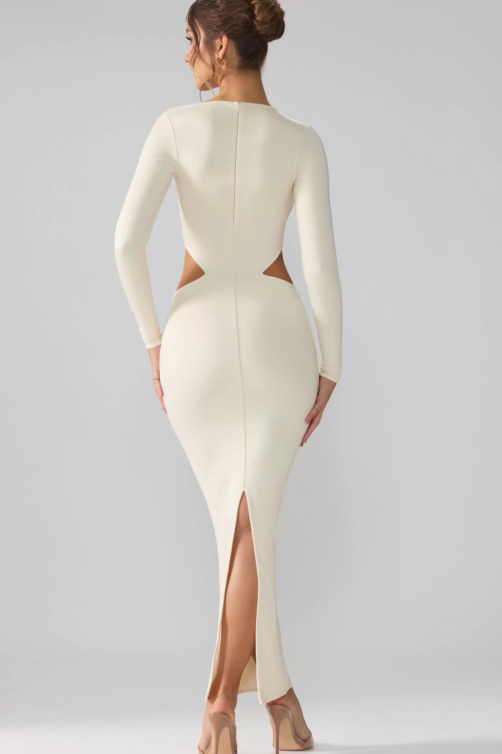Oh Polly Premium Jersey Long Sleeve Cut Out Maxi Dress in Ivory Best