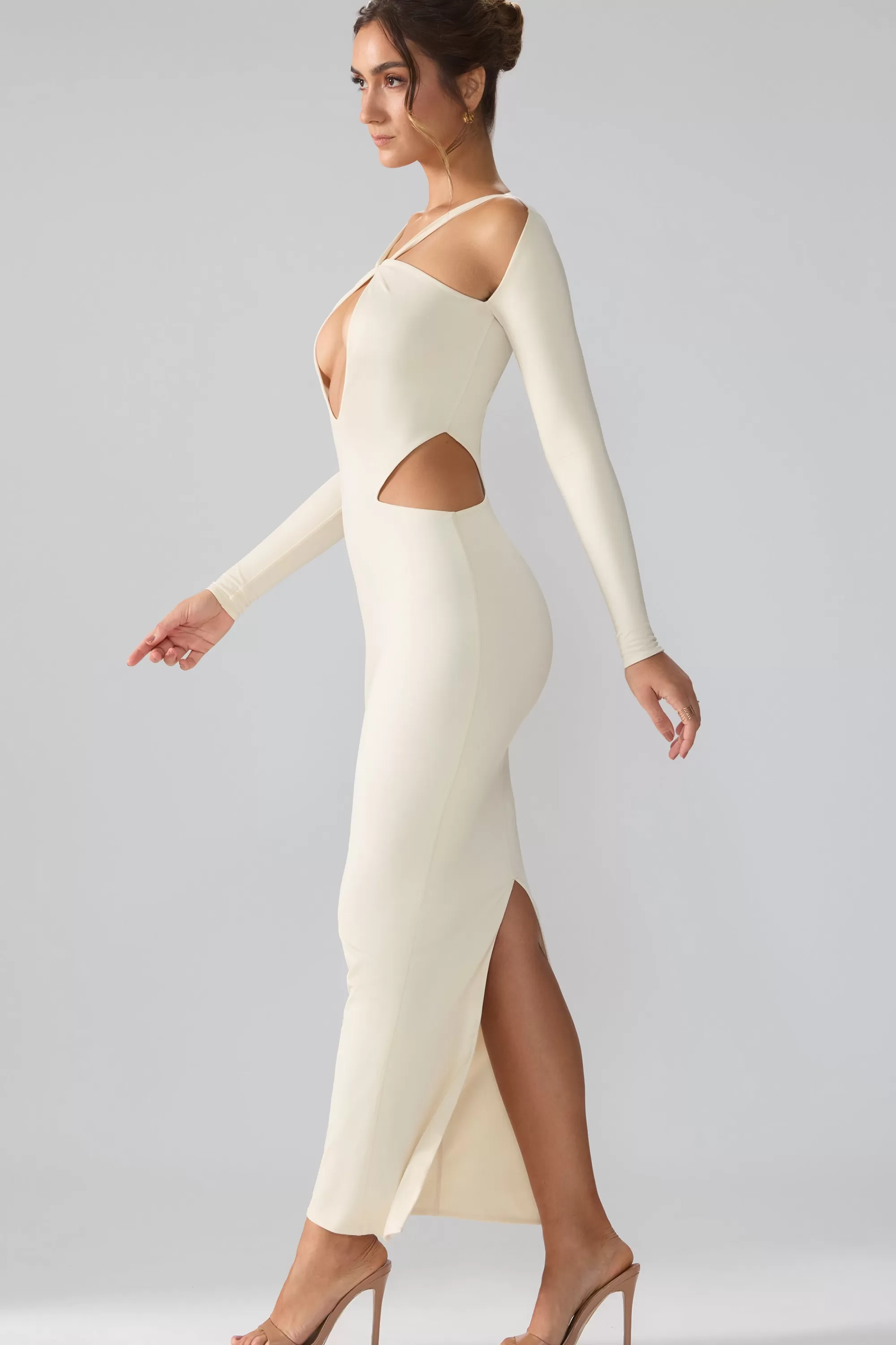 Oh Polly Premium Jersey Long Sleeve Cut Out Maxi Dress in Ivory Best
