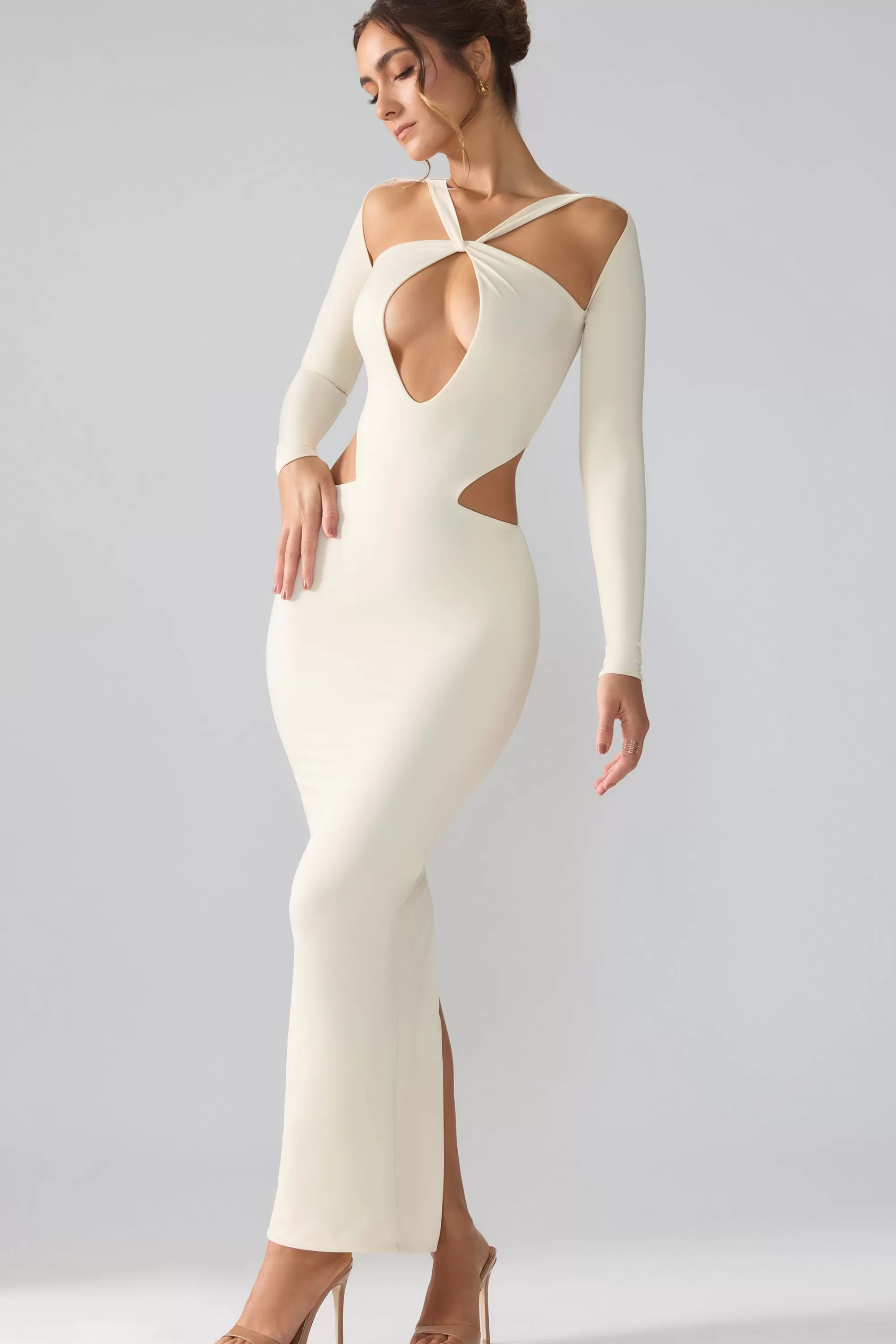 Oh Polly Premium Jersey Long Sleeve Cut Out Maxi Dress in Ivory Best