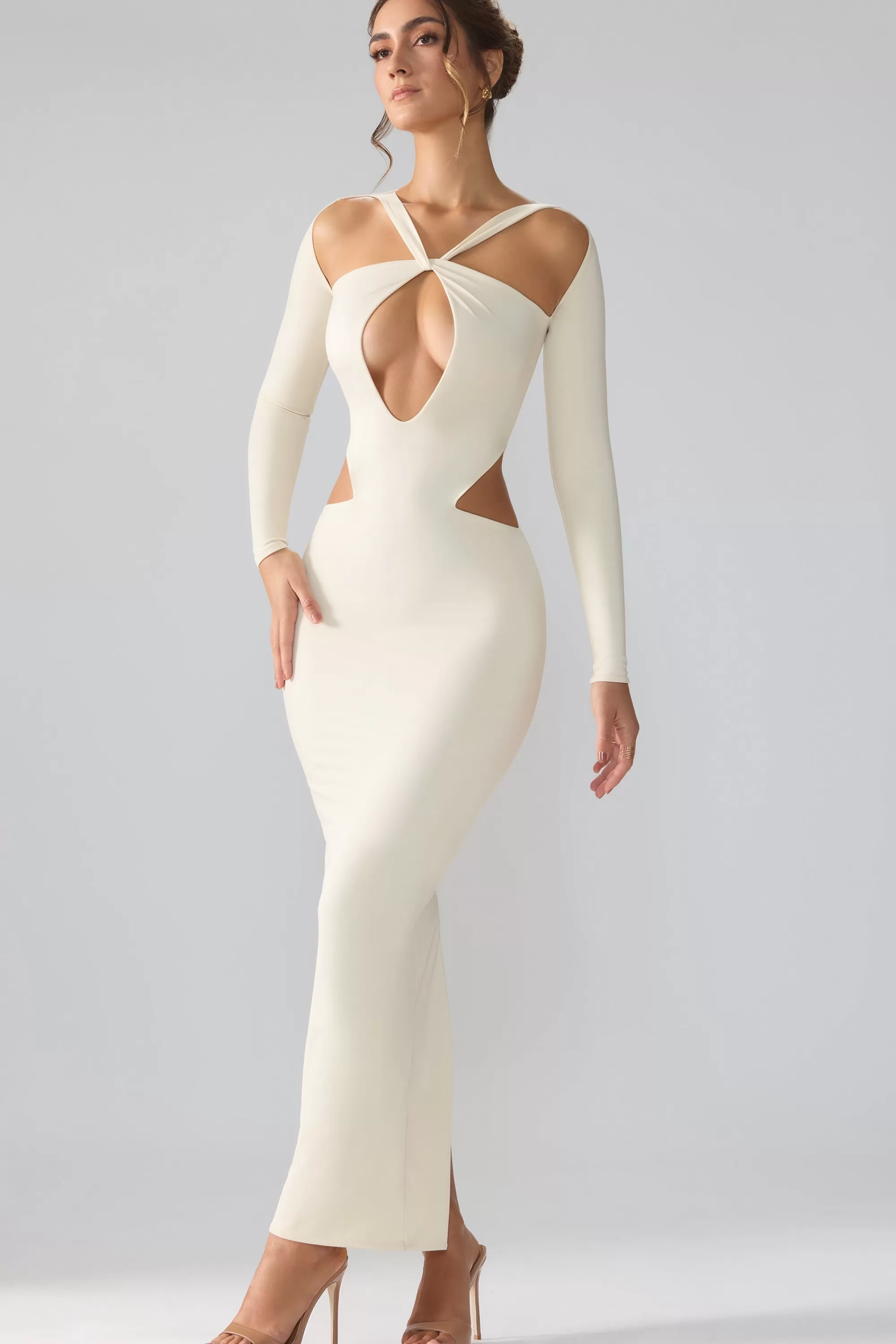 Oh Polly Premium Jersey Long Sleeve Cut Out Maxi Dress in Ivory Best
