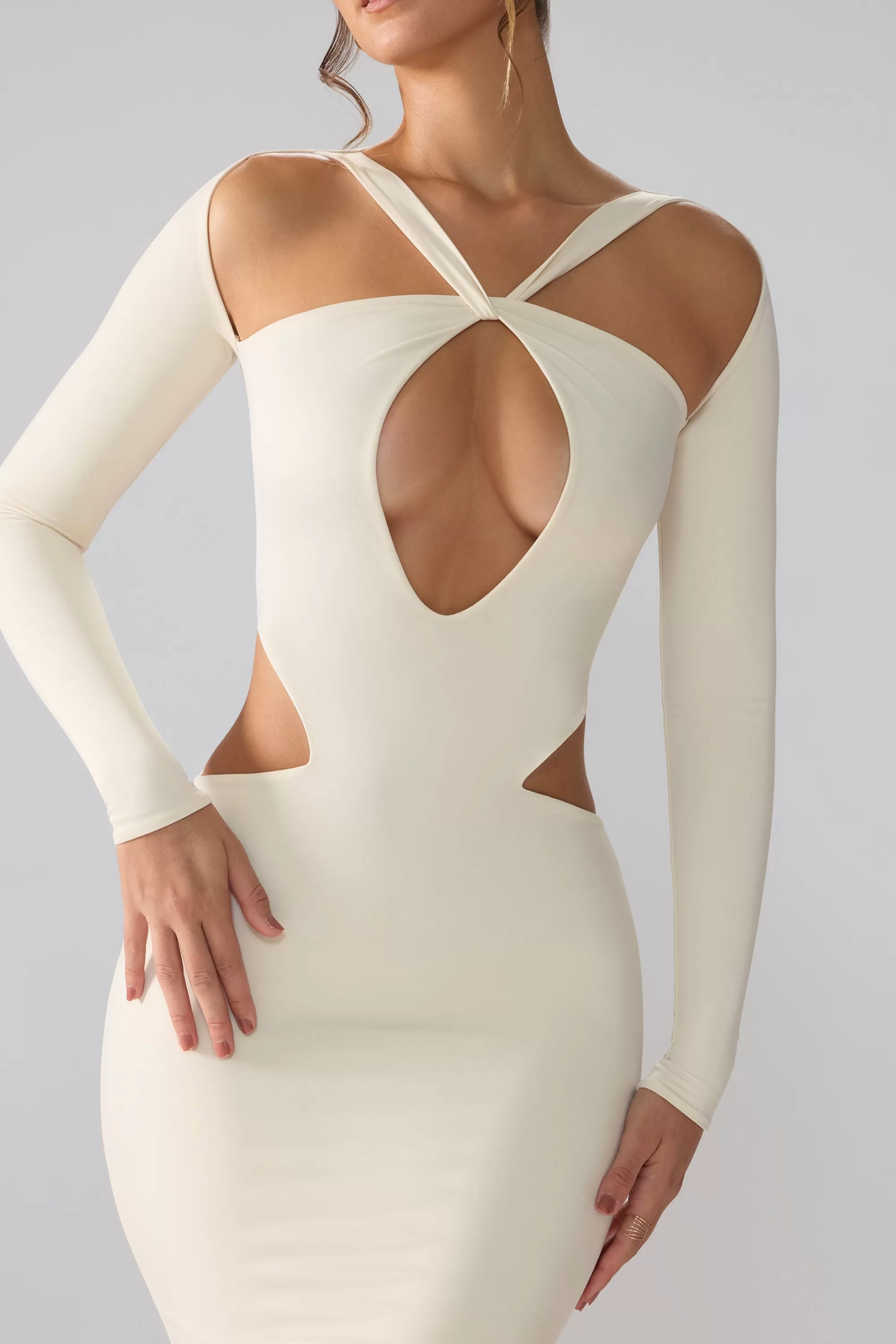 Oh Polly Premium Jersey Long Sleeve Cut Out Maxi Dress in Ivory Best