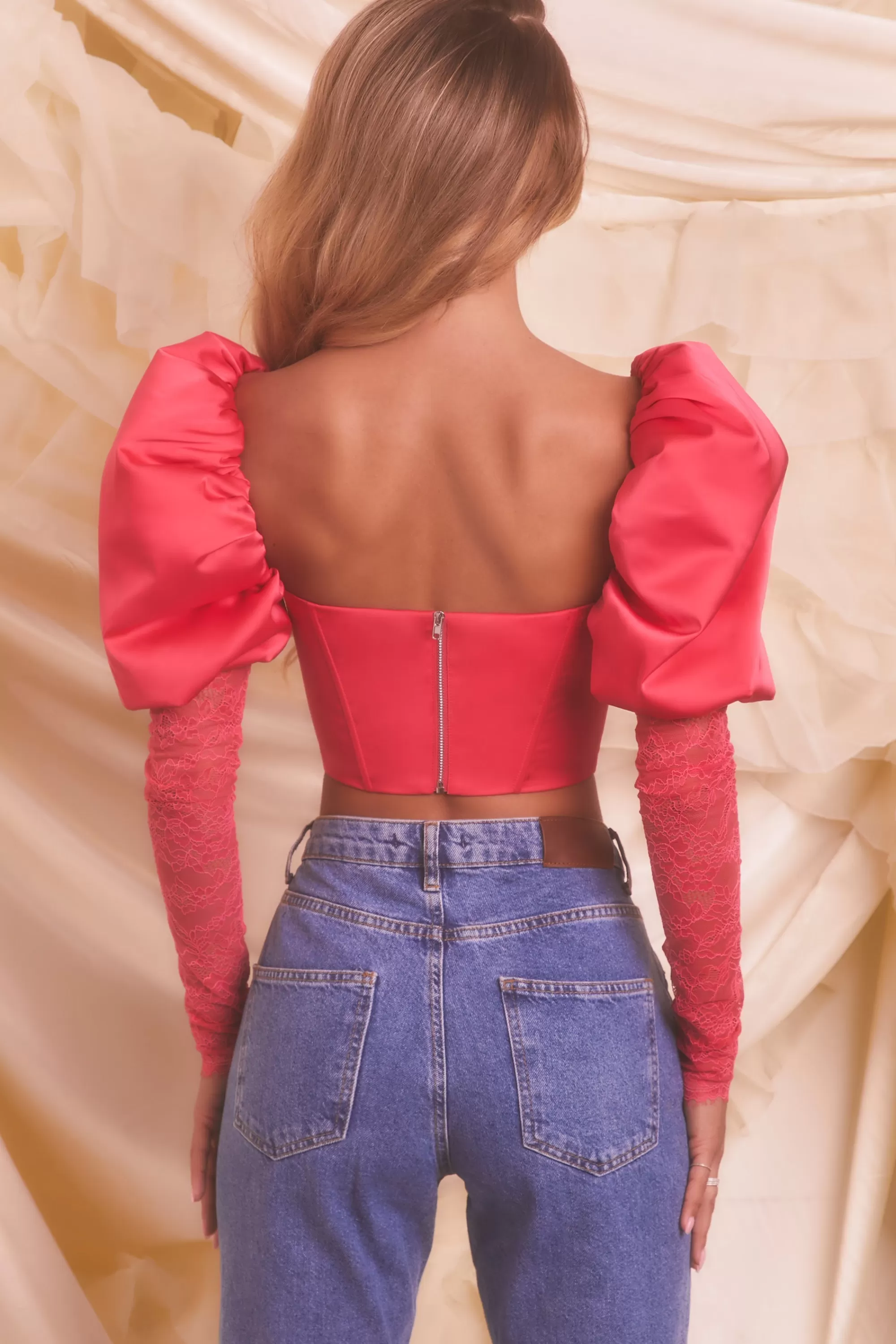 Oh Polly Puff Sleeve Satin Lace Crop Top in Hot Pink Store