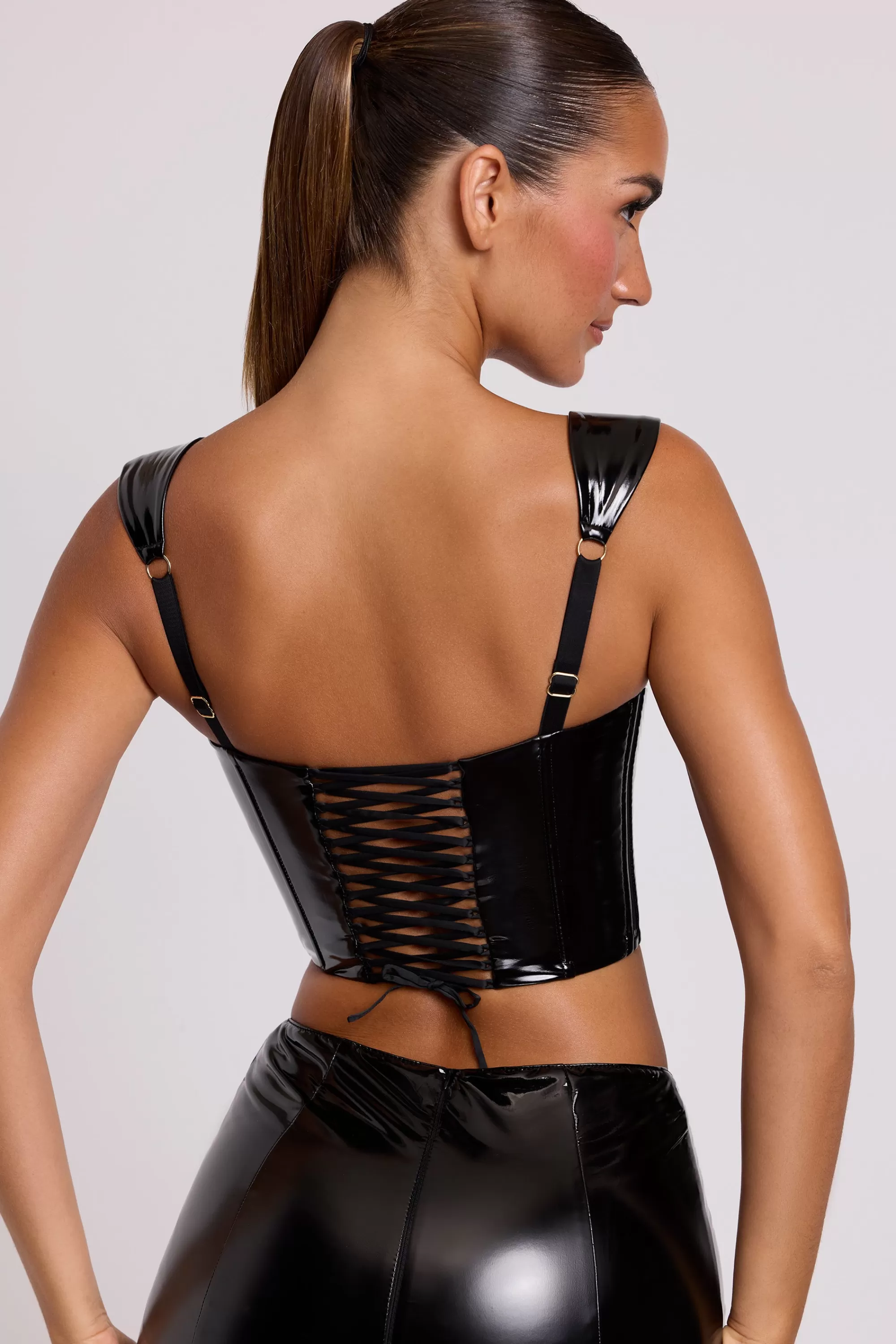 Oh Polly Push Up Vinyl Corset in Black Clearance