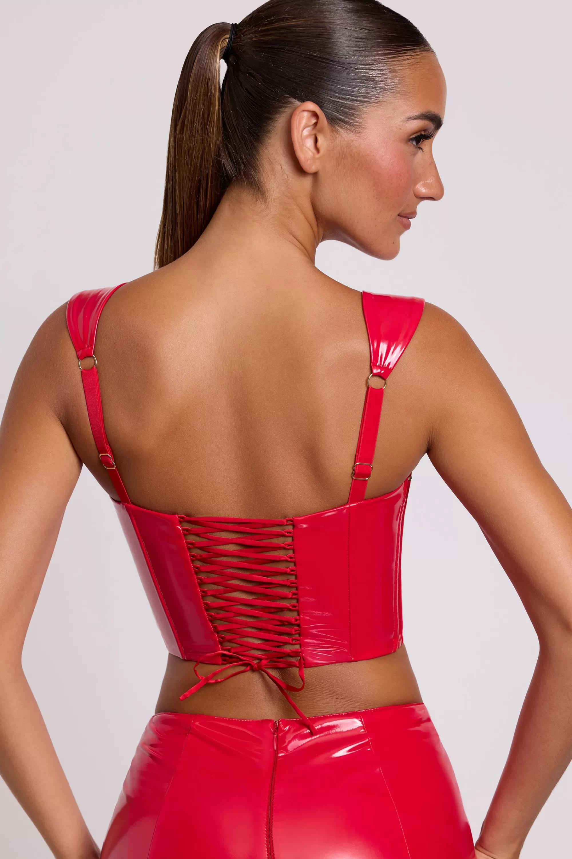 Oh Polly Push Up Vinyl Corset in Fire Red FireRed Discount