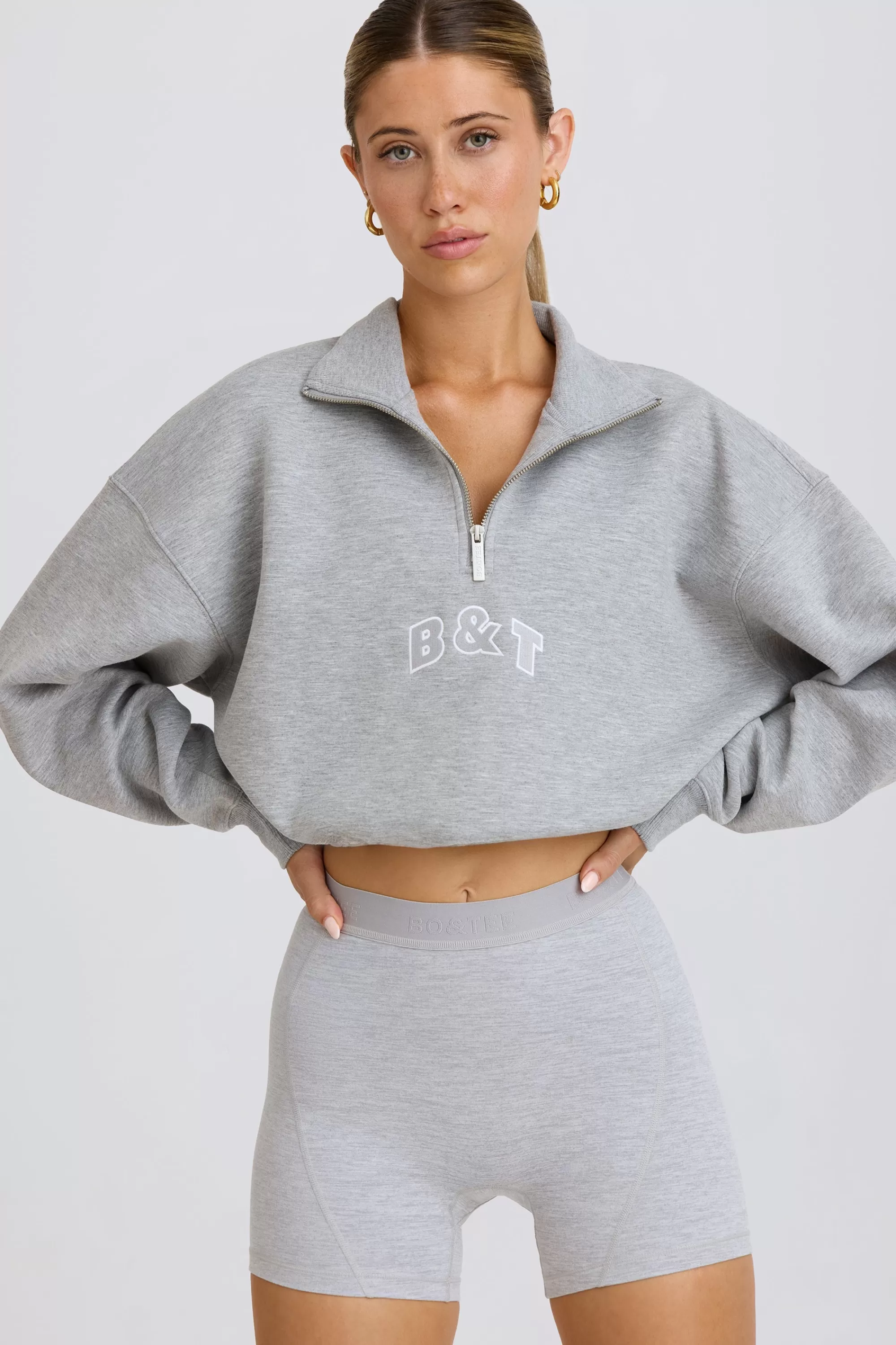 Oh Polly Quarter-Zip Cropped Sweatshirt in Grey Marl GreyMarl New