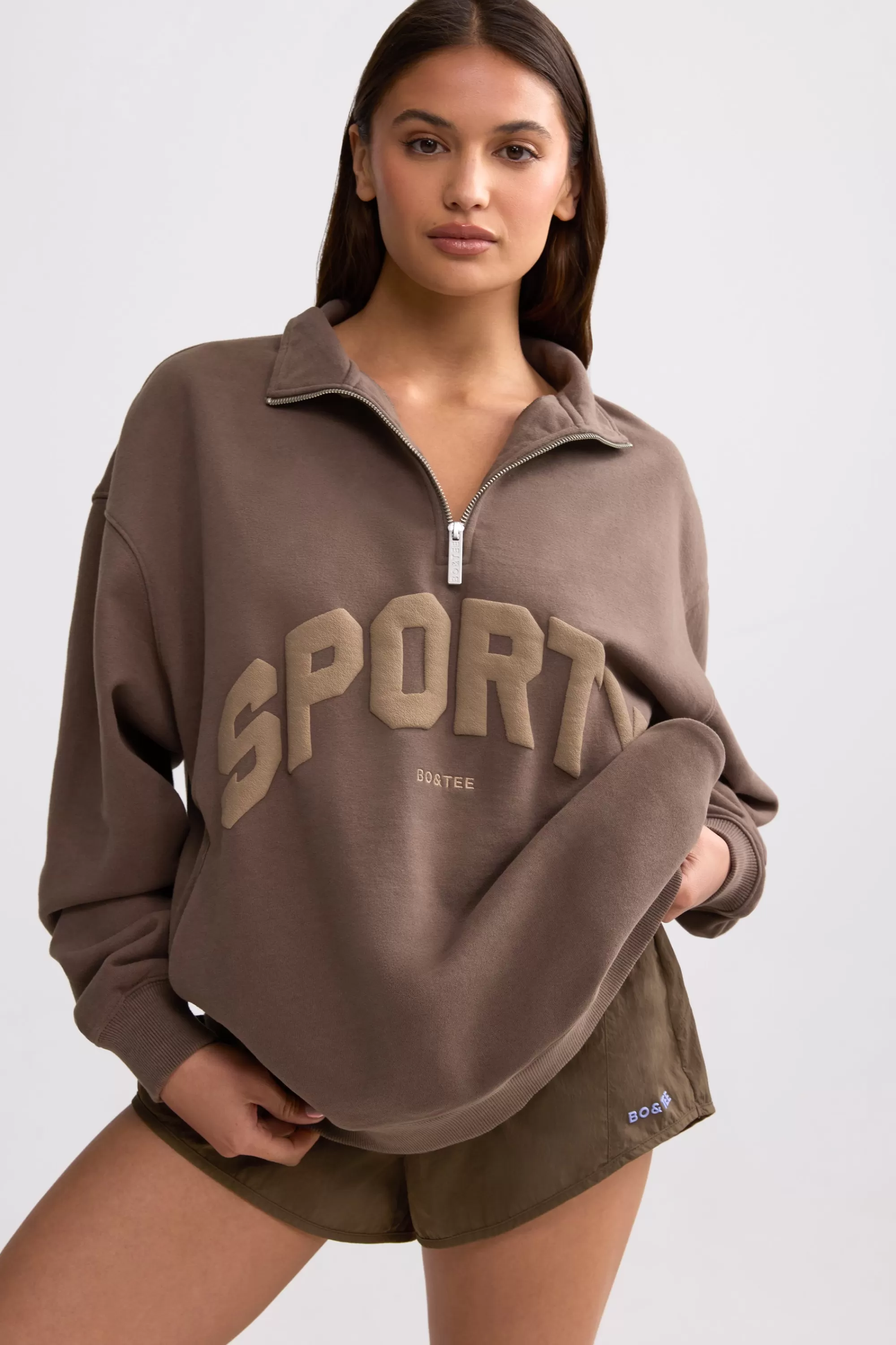 Oh Polly Quarter-Zip Sweatshirt in Espresso Outlet