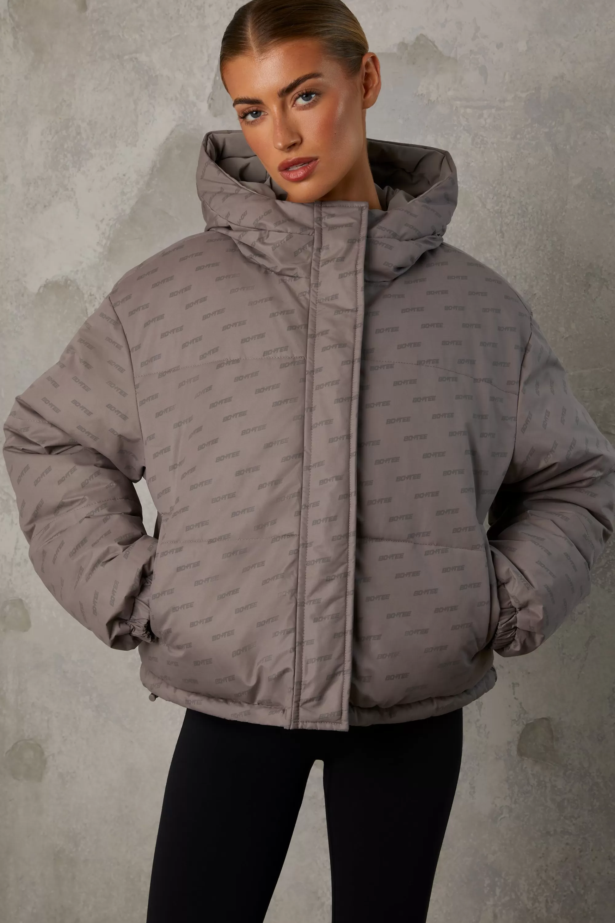 Oh Polly Reversible Hooded Puffer Jacket in Warm Grey WarmGrey New