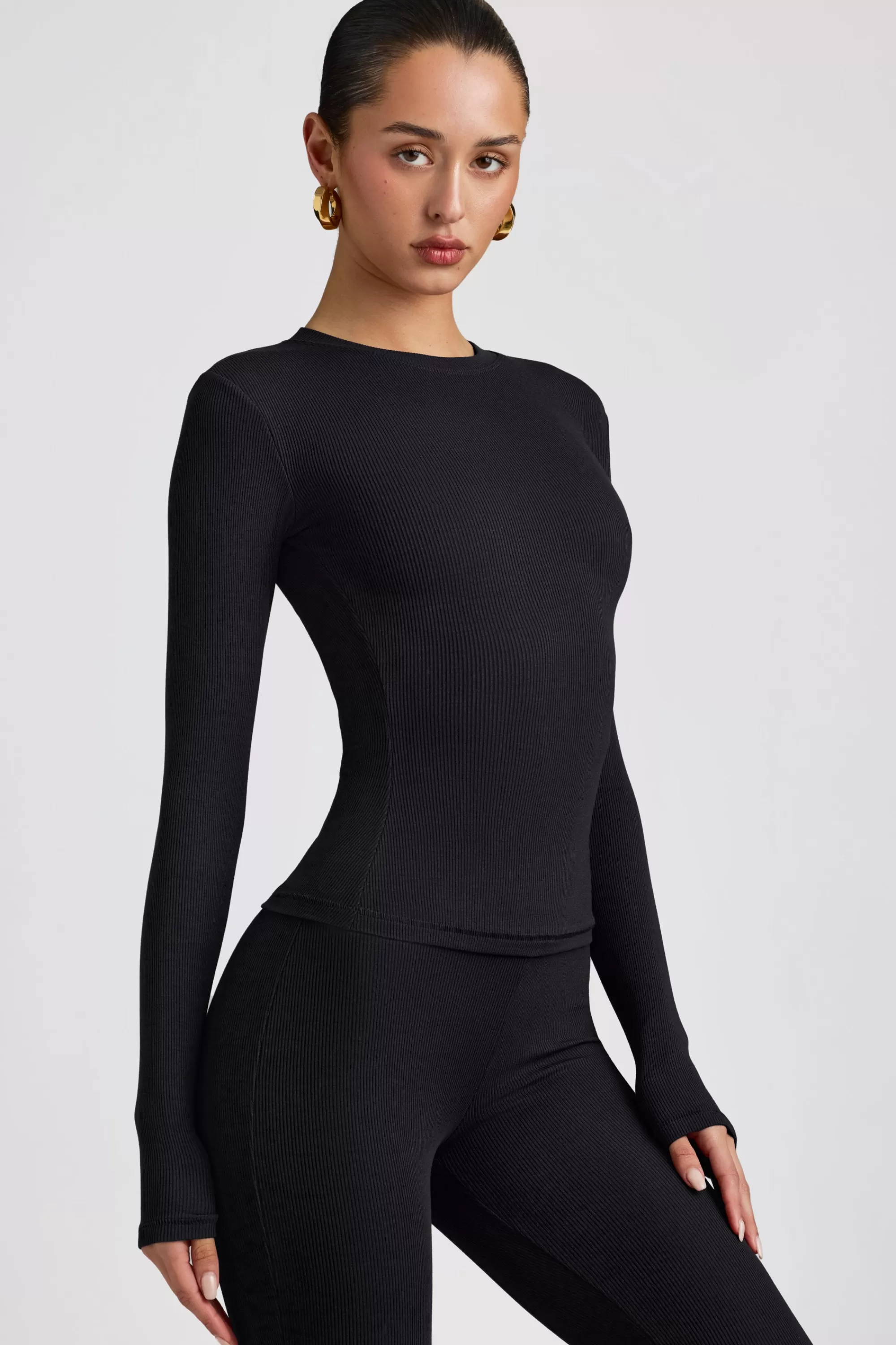 Oh Polly Ribbed Modal Crew Neck Top in Black Cheap