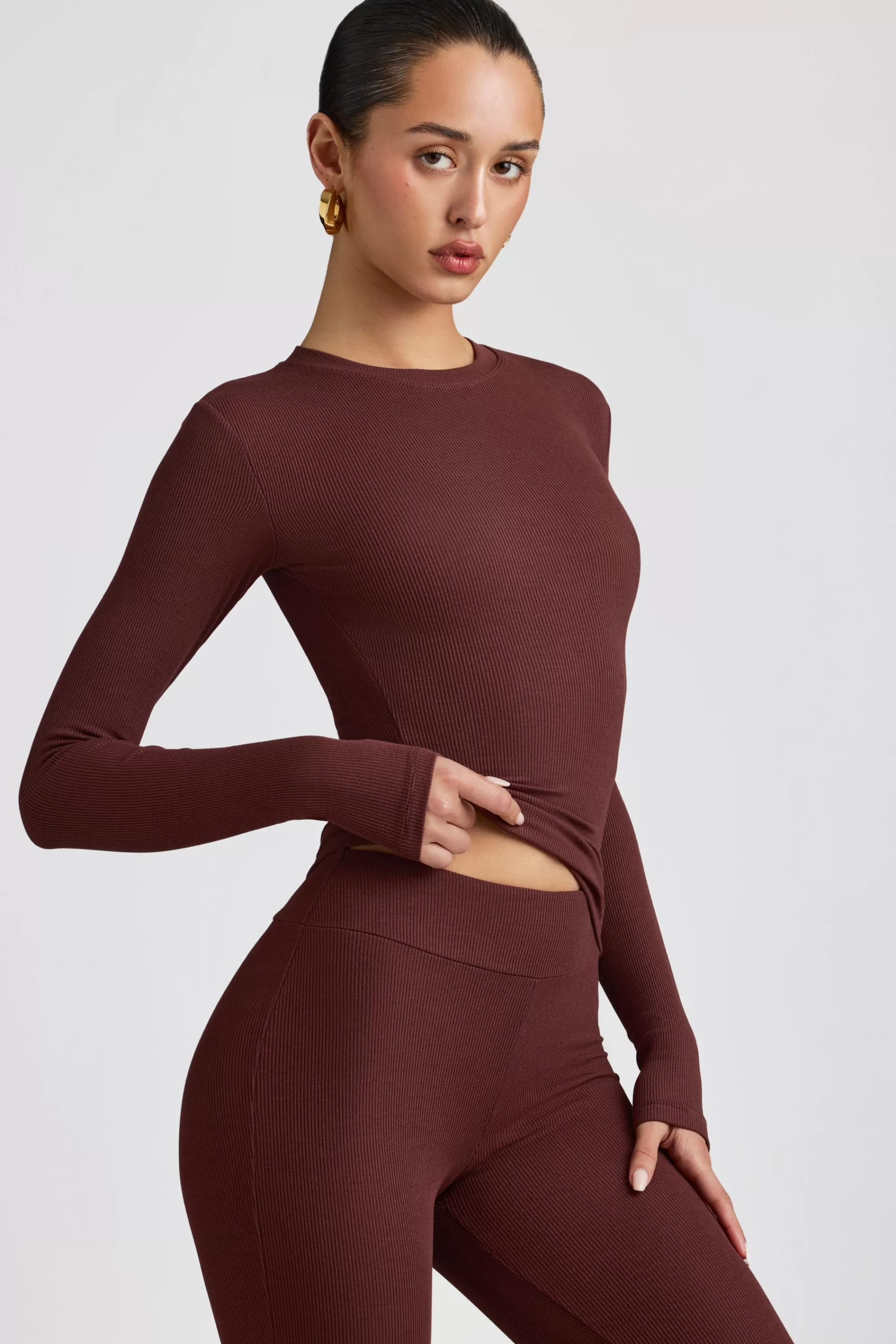 Oh Polly Ribbed Modal Crew Neck Top in Espresso Flash Sale