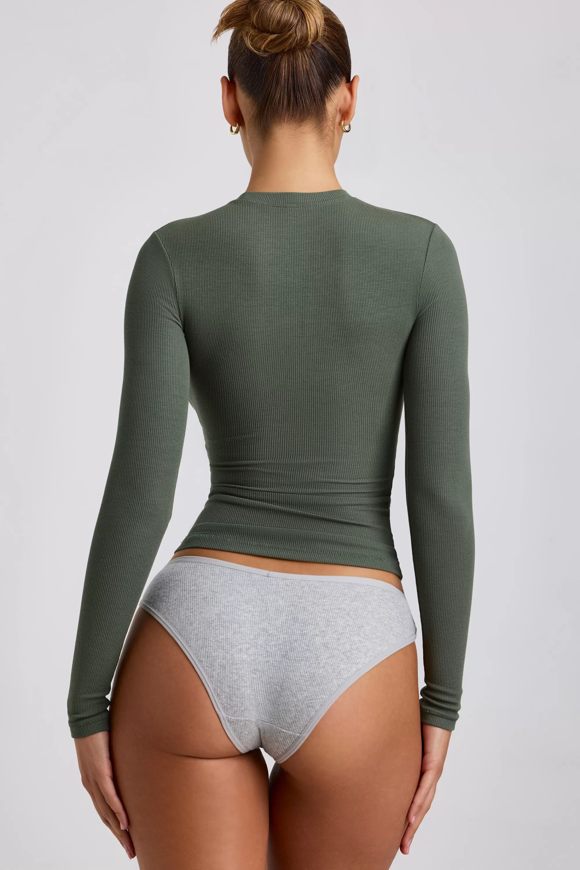 Oh Polly Ribbed Modal Crew Neck Top in Khaki Green Shop