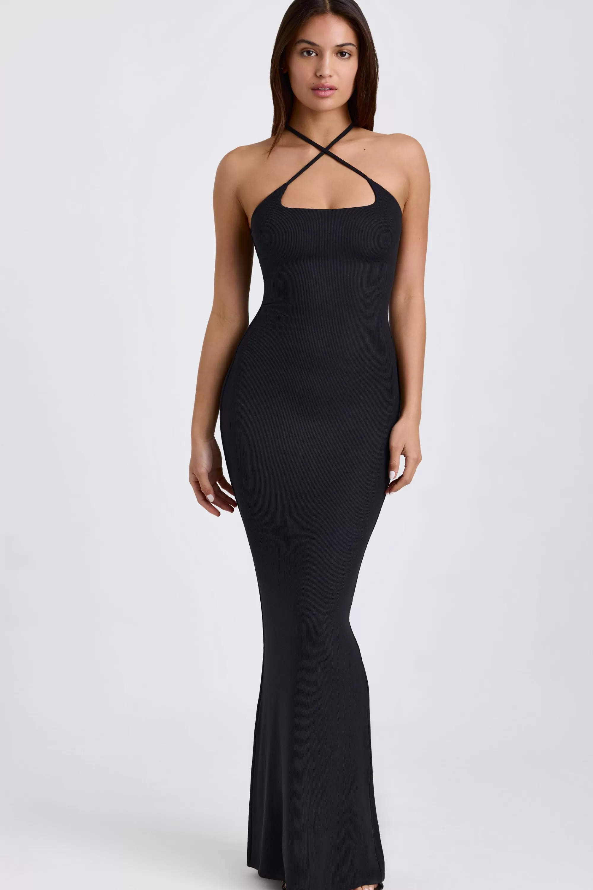 Oh Polly Ribbed Modal Halterneck Maxi Dress in Black Hot