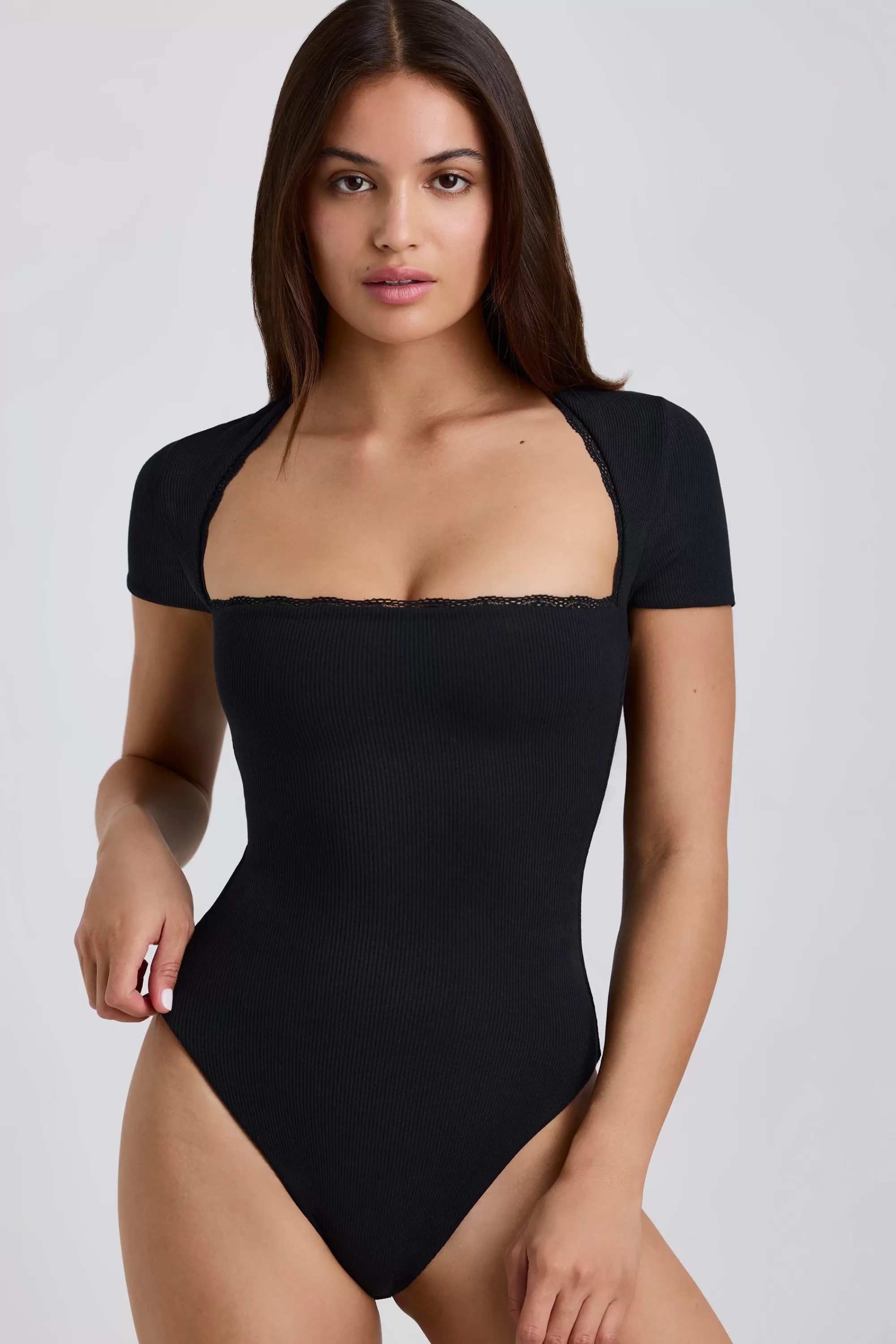 Oh Polly Ribbed Modal Lace-Trim Bodysuit in Black Flash Sale