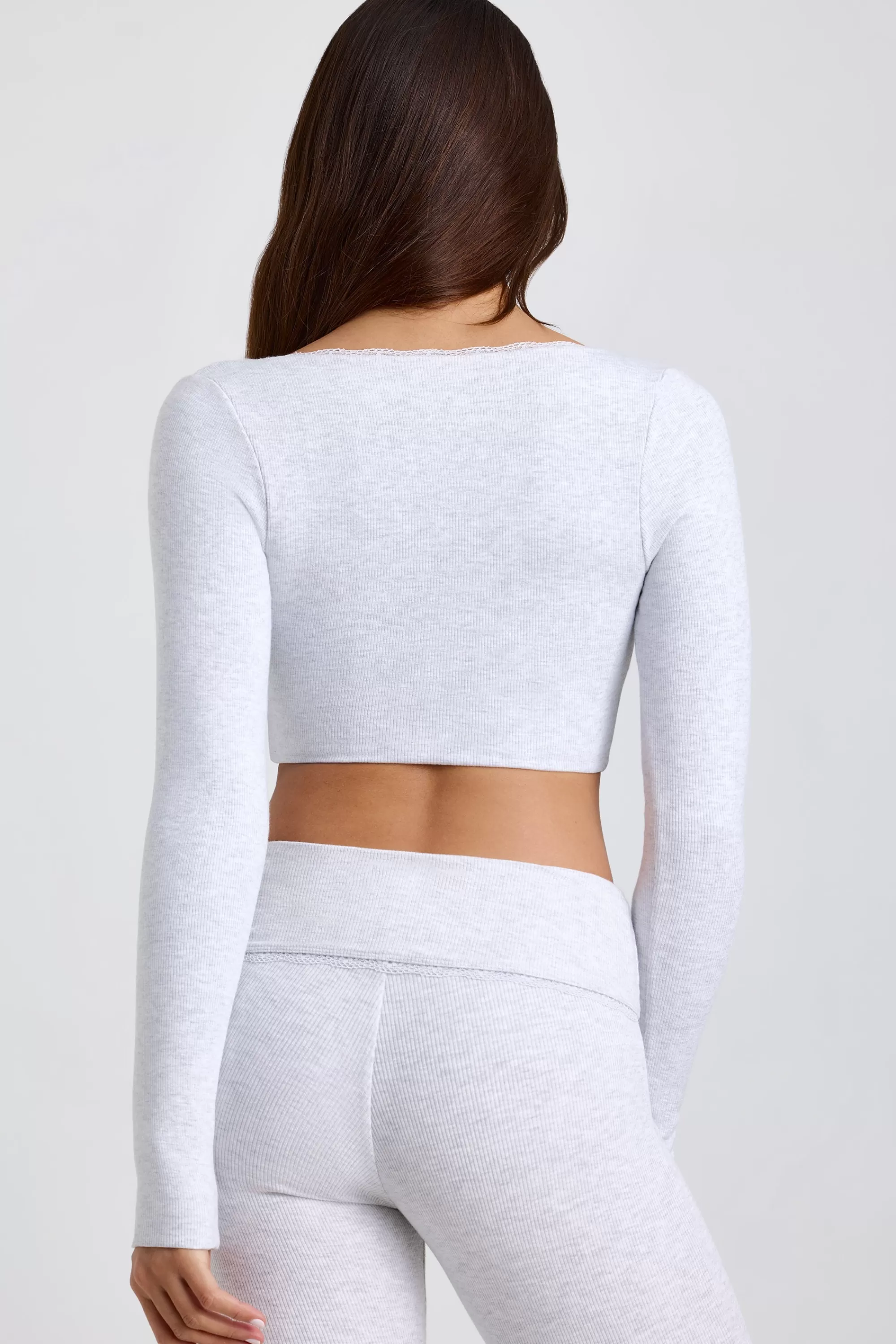 Oh Polly Ribbed Modal Lace-Trim Crop Top in Grey Shop