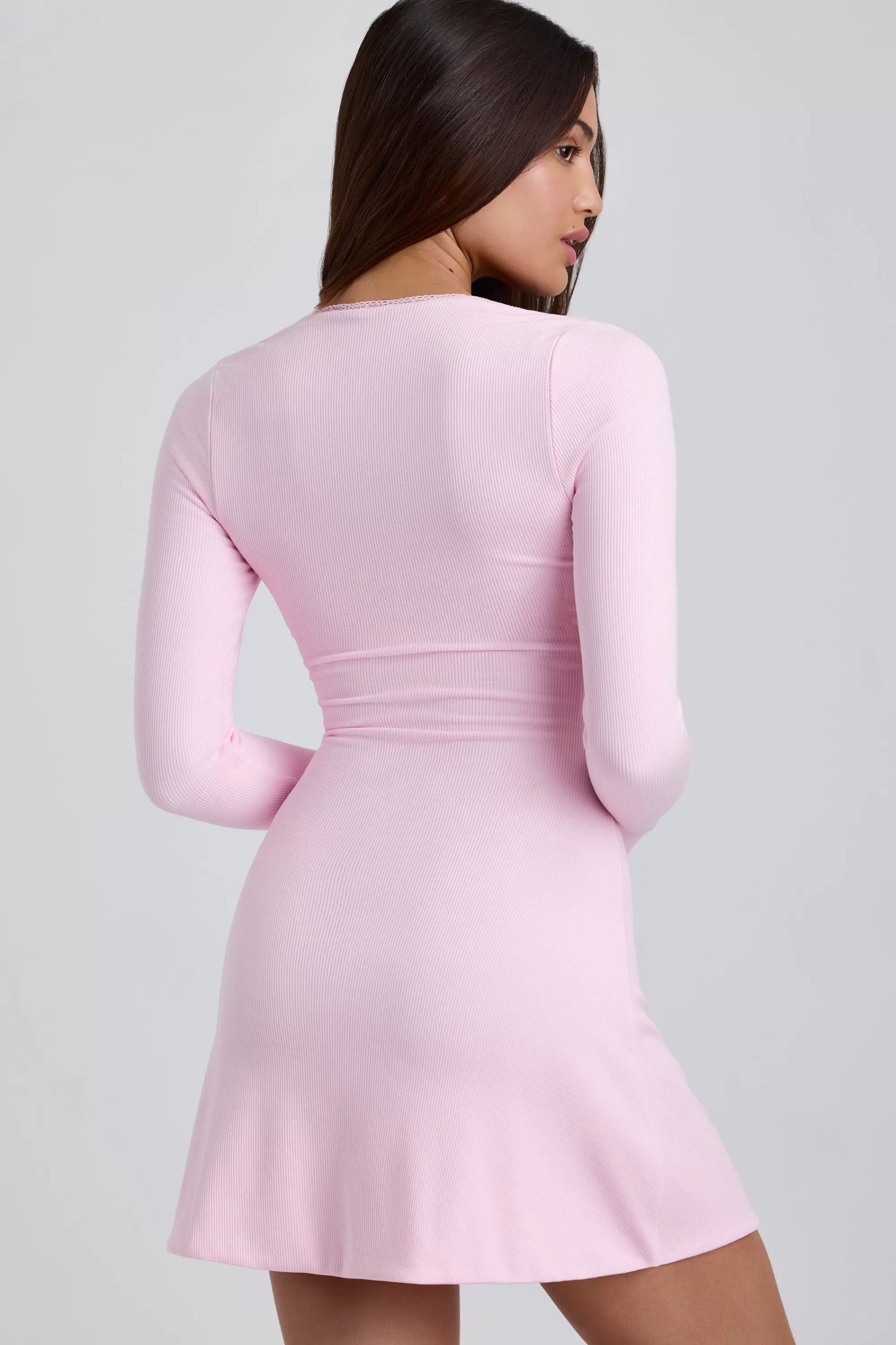 Oh Polly Ribbed Modal Lace-Trim Mini Dress in Blossom Pink BlossomPink Fashion