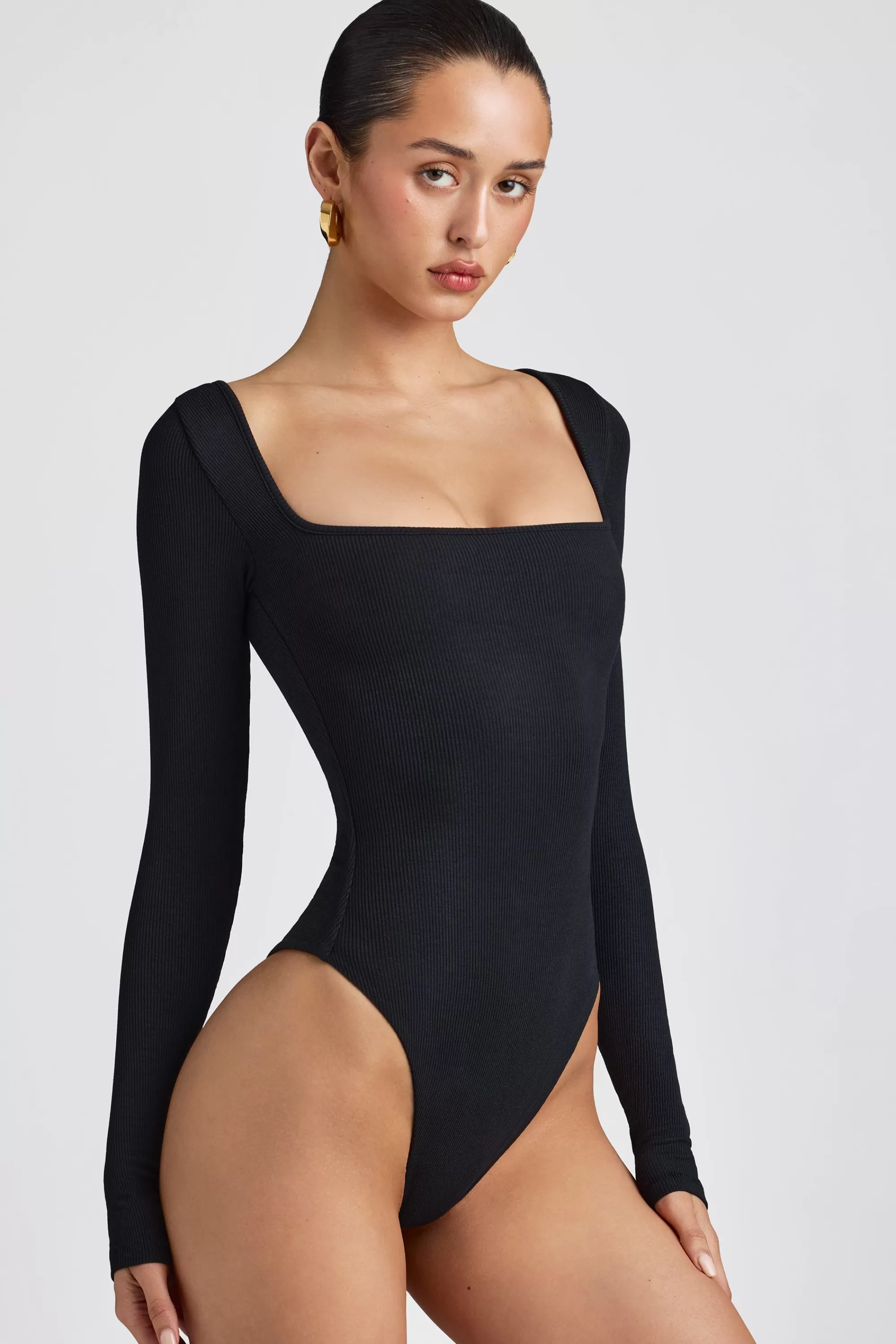 Oh Polly Ribbed Modal Long Sleeve Bodysuit in Black Sale