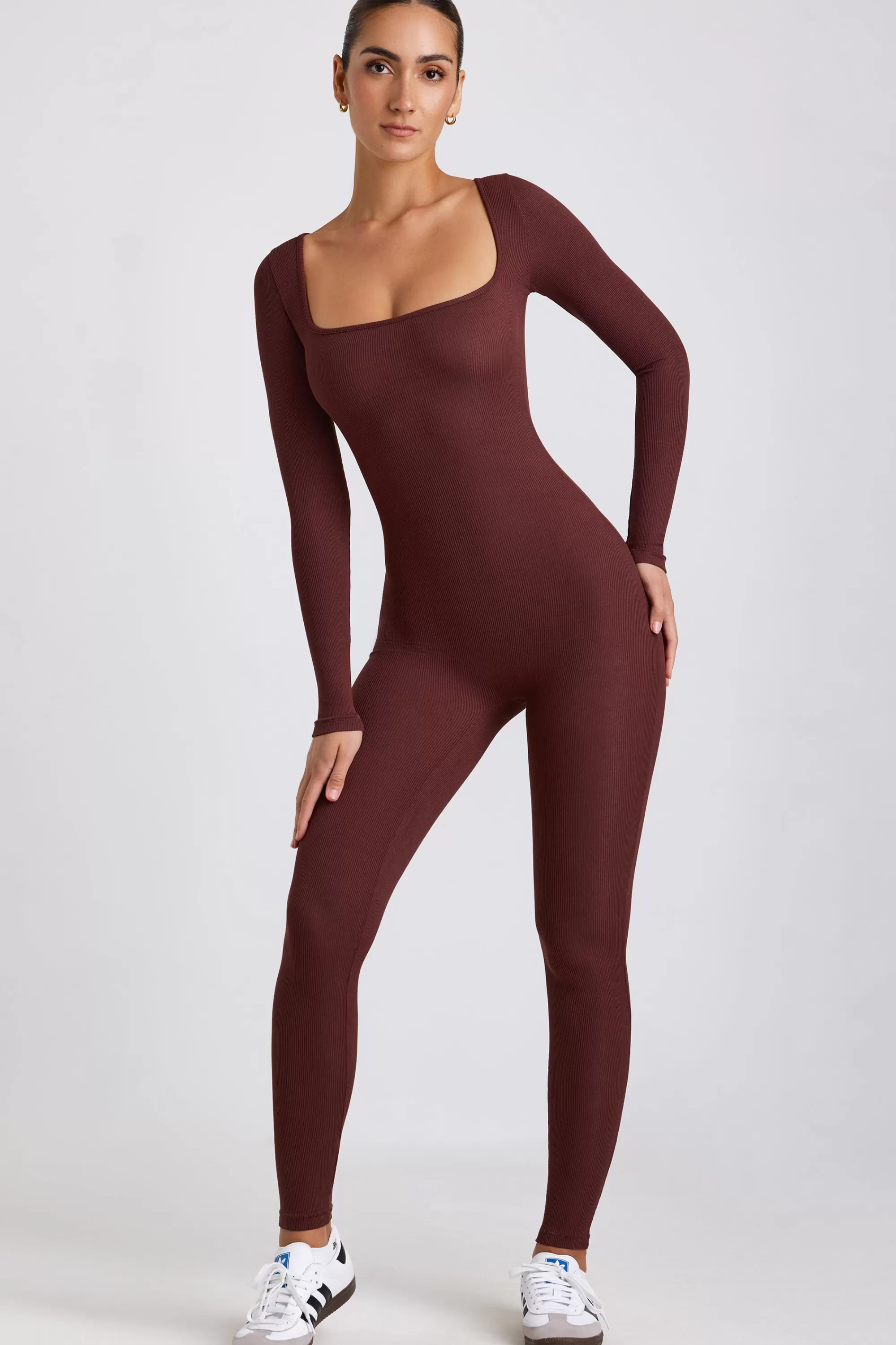 Oh Polly Ribbed Modal Long Sleeve Jumpsuit in Espresso Best Sale