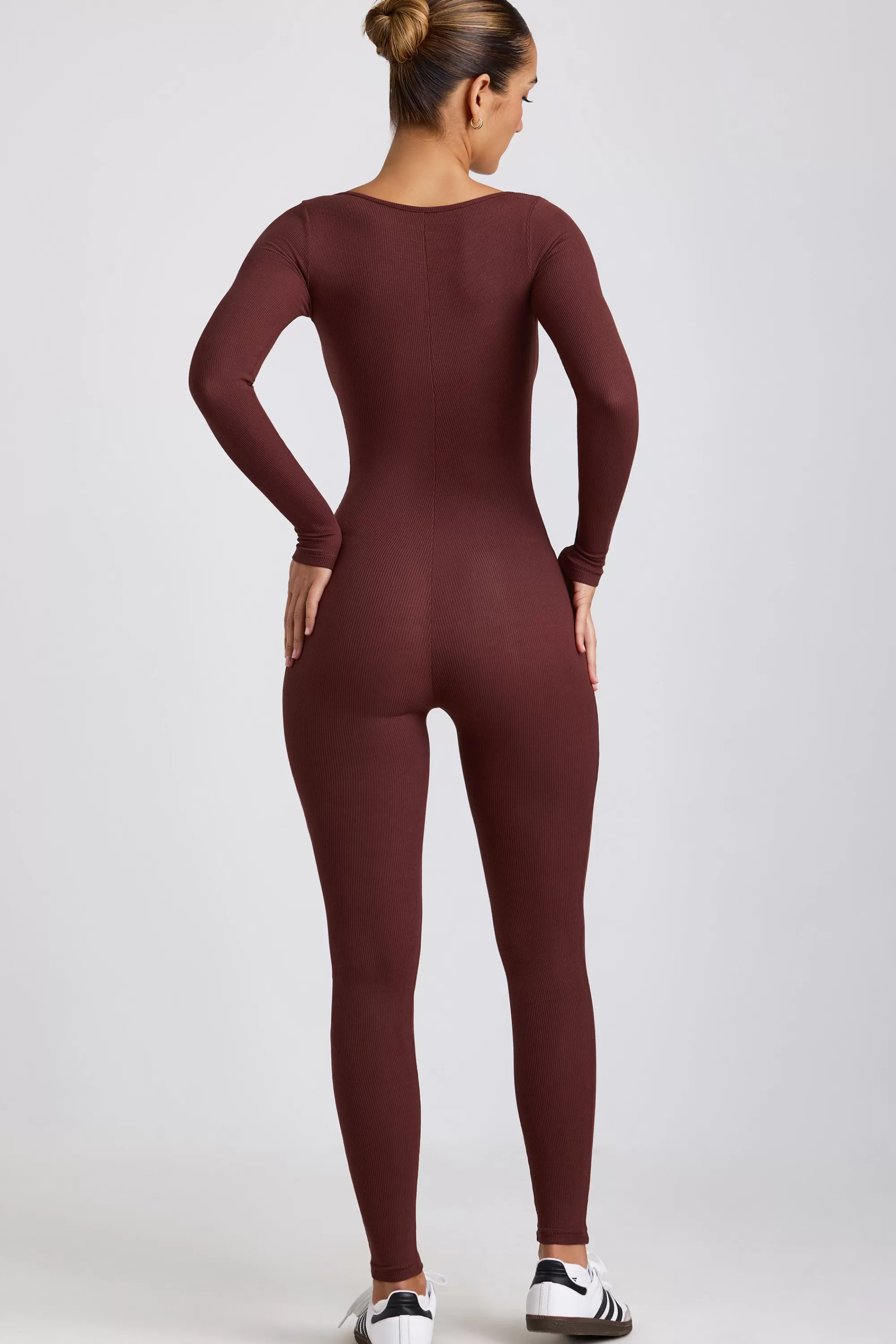 Oh Polly Ribbed Modal Long Sleeve Jumpsuit in Espresso Best Sale