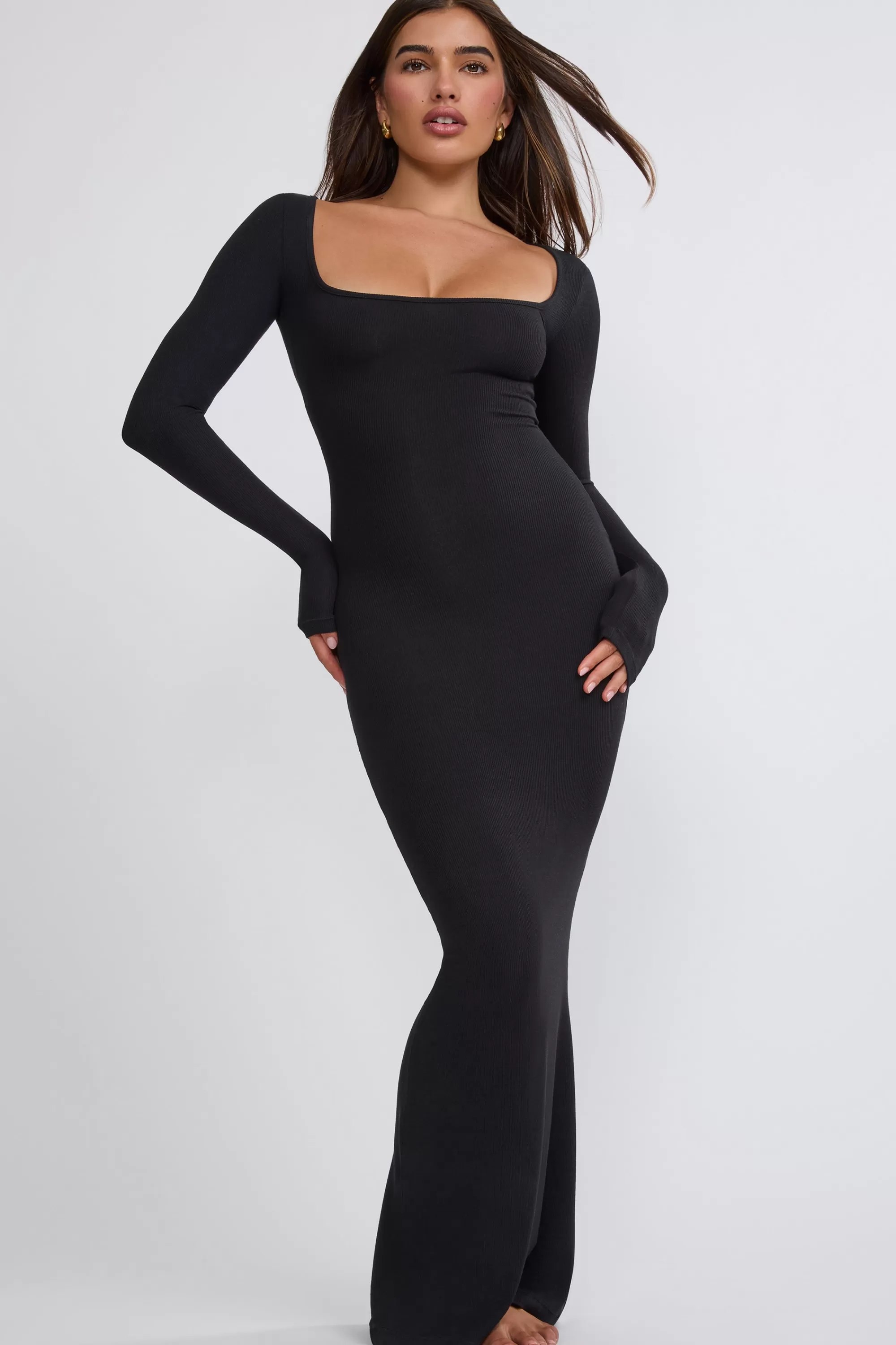 Oh Polly Ribbed Modal Long Sleeve Maxi Dress in Black New