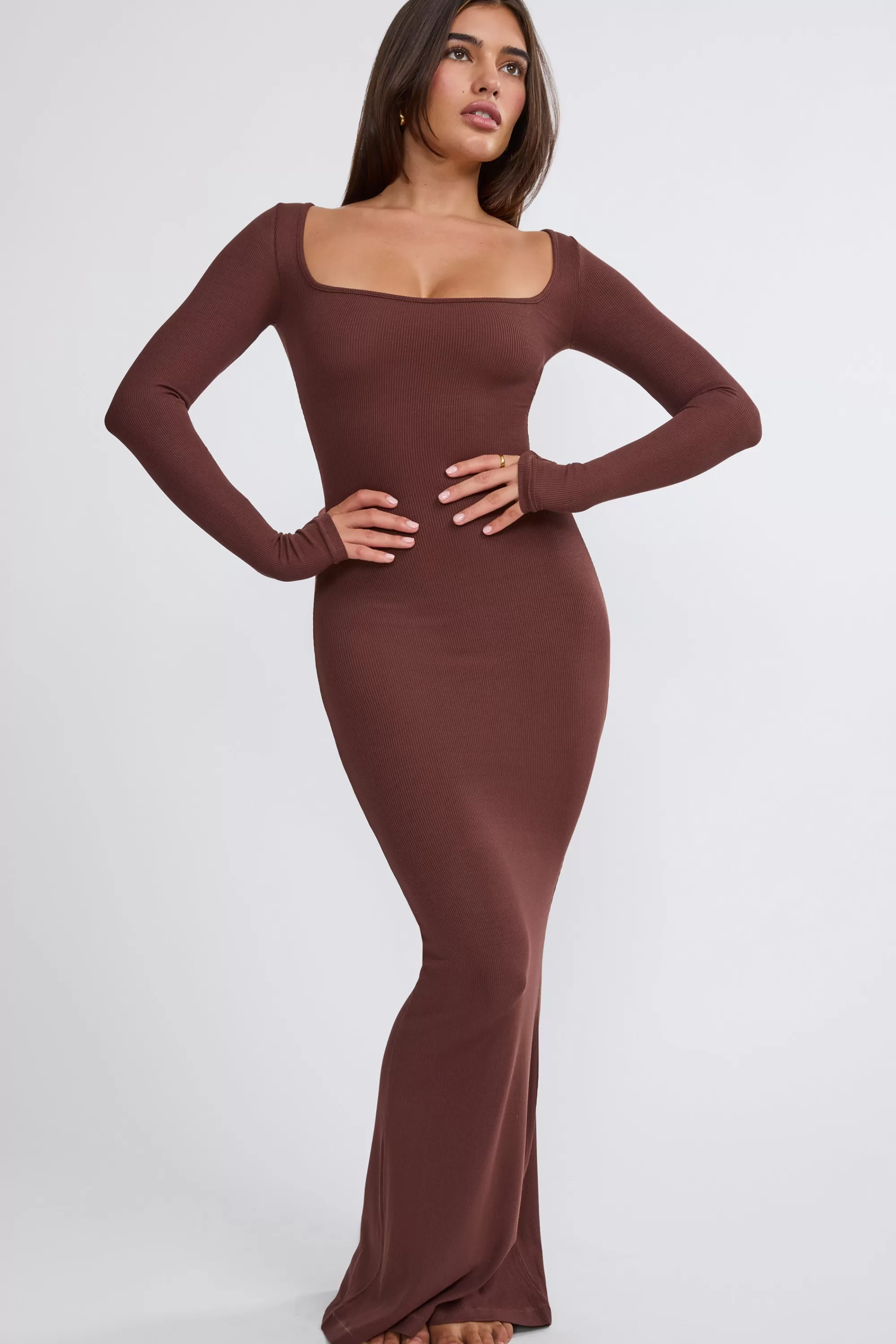 Oh Polly Ribbed Modal Long Sleeve Maxi Dress in Chocolate Clearance