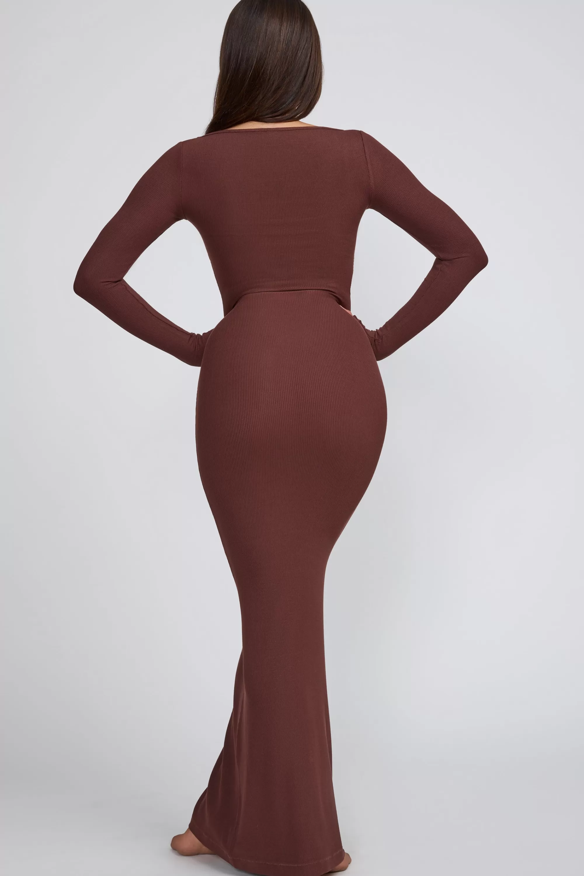 Oh Polly Ribbed Modal Long Sleeve Maxi Dress in Chocolate Clearance