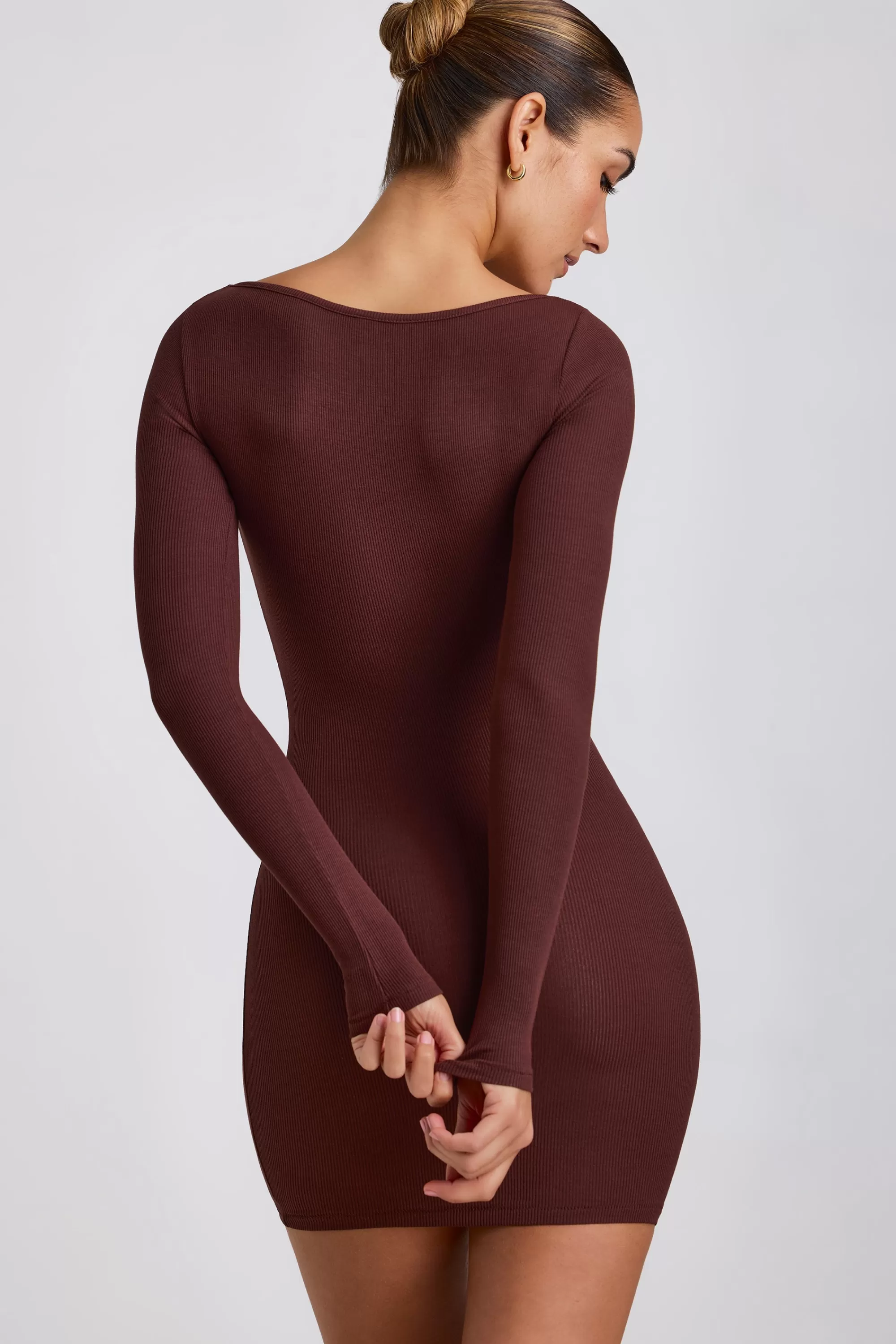 Oh Polly Ribbed Modal Long Sleeve Mini Dress in Chocolate Store